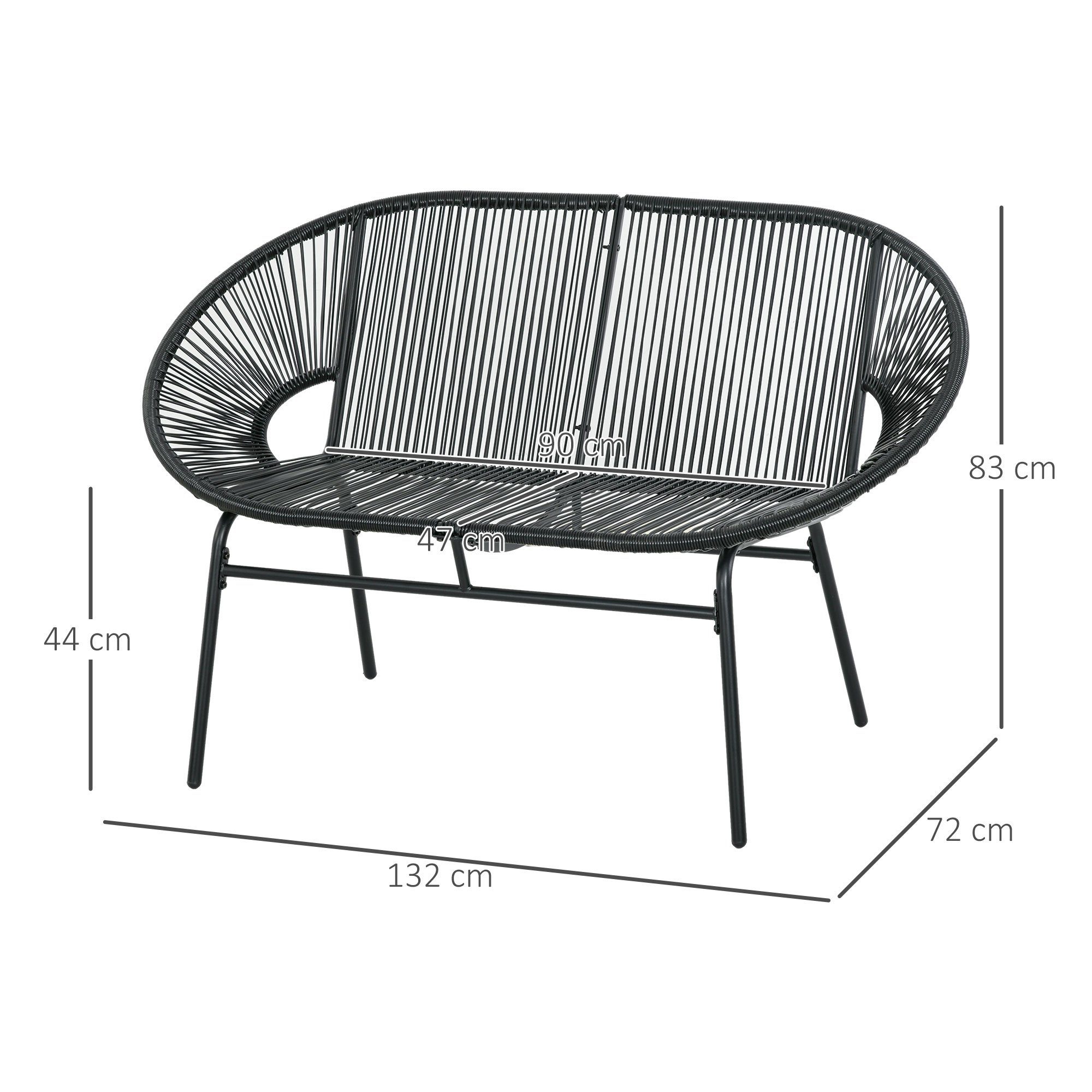 Outsunny Gartenbank Rattansessel, Outdoor Sessel, wetterfest, belastbar bis 240kg (Balkonbank, 1-St., Parkbank), für Terrasse, Balkon, Stahl, Schwarz