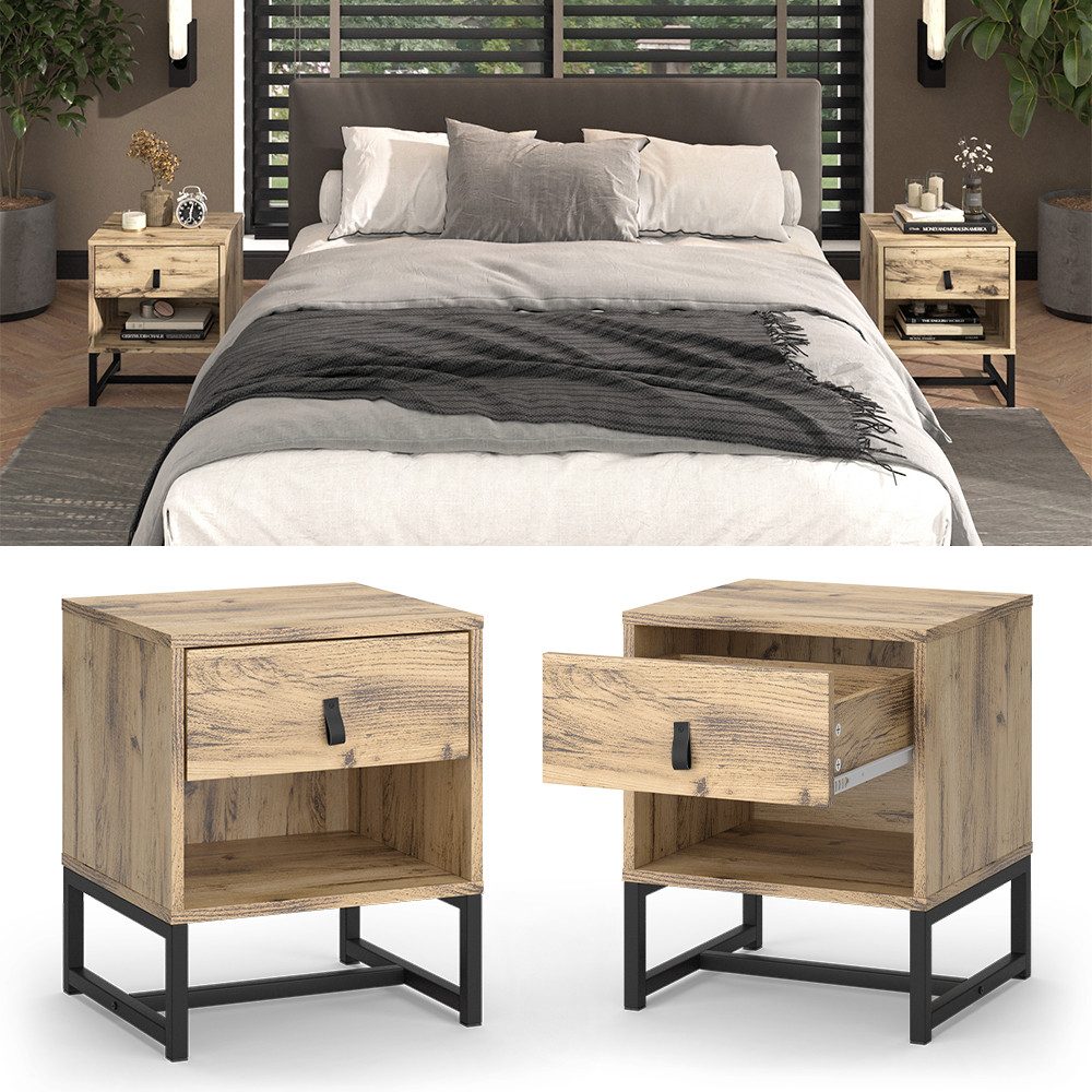 Vicco Nachttisch Velina - Moderner Beistelltisch Mit 2 Schubladen In Grau/Eiche, 48x58x40 Cm