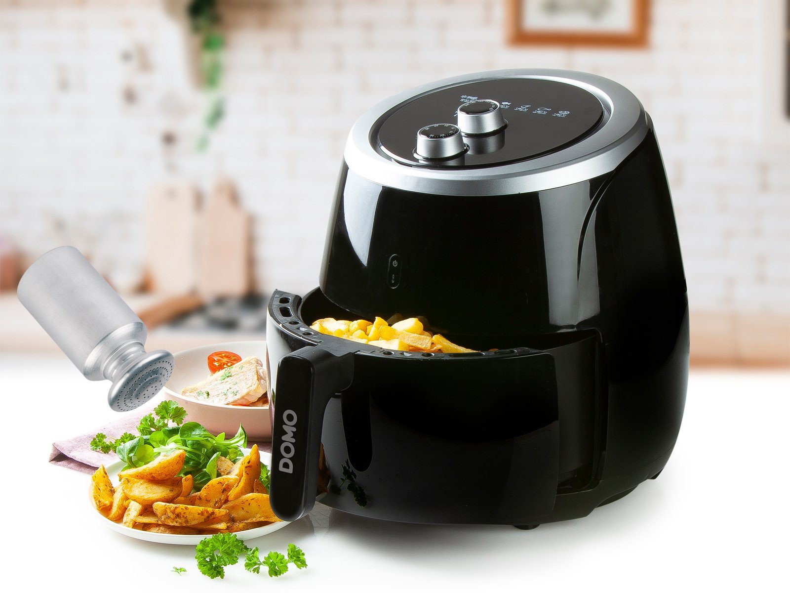Domo Heißluftfritteuse, 2000 W, große XXL 5 Ltr. Fritteuse Pommes frittieren ohne Öl - mit Salzstreuer