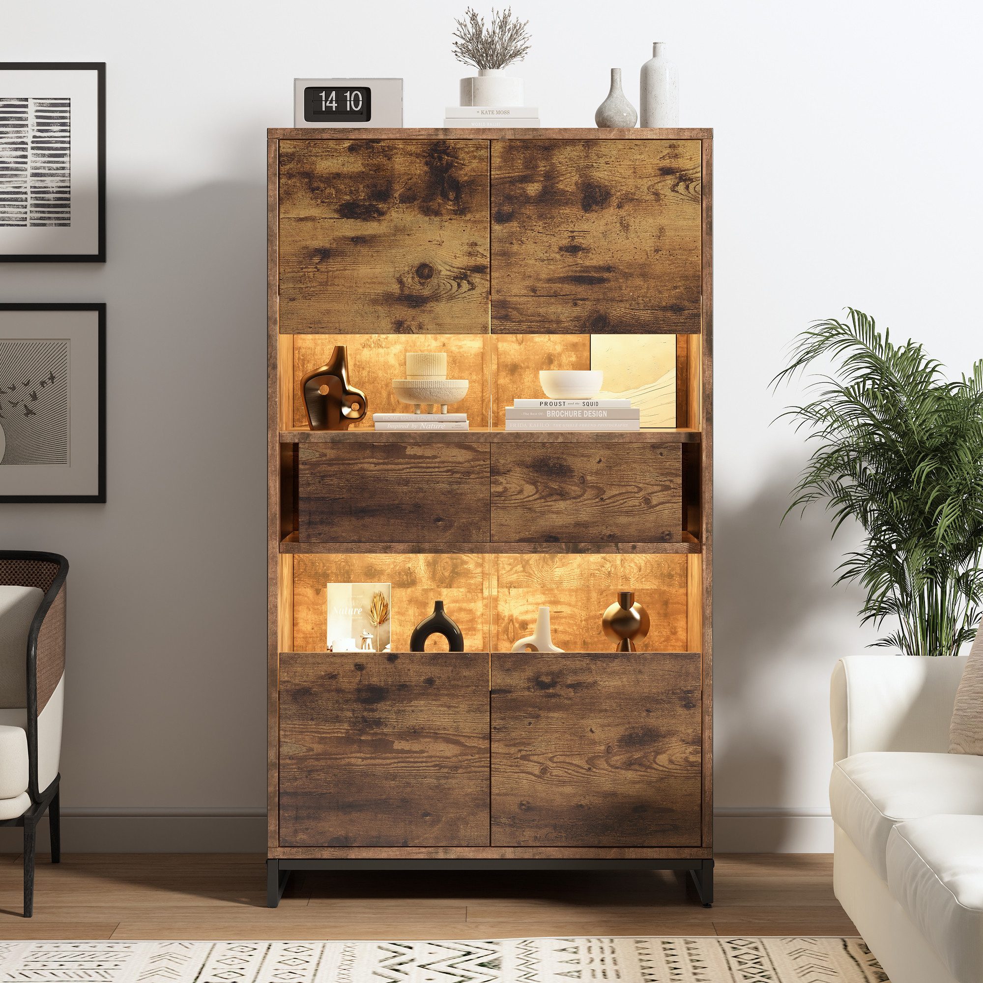 Fine Life Pro Standvitrine Vitrine mit LED-Beleuchtung 80x40x138cm (Schwarz + Holzmaserung) – Standvitrine mit 2 Schubladen, Acrylblende & Bluetooth-Licht