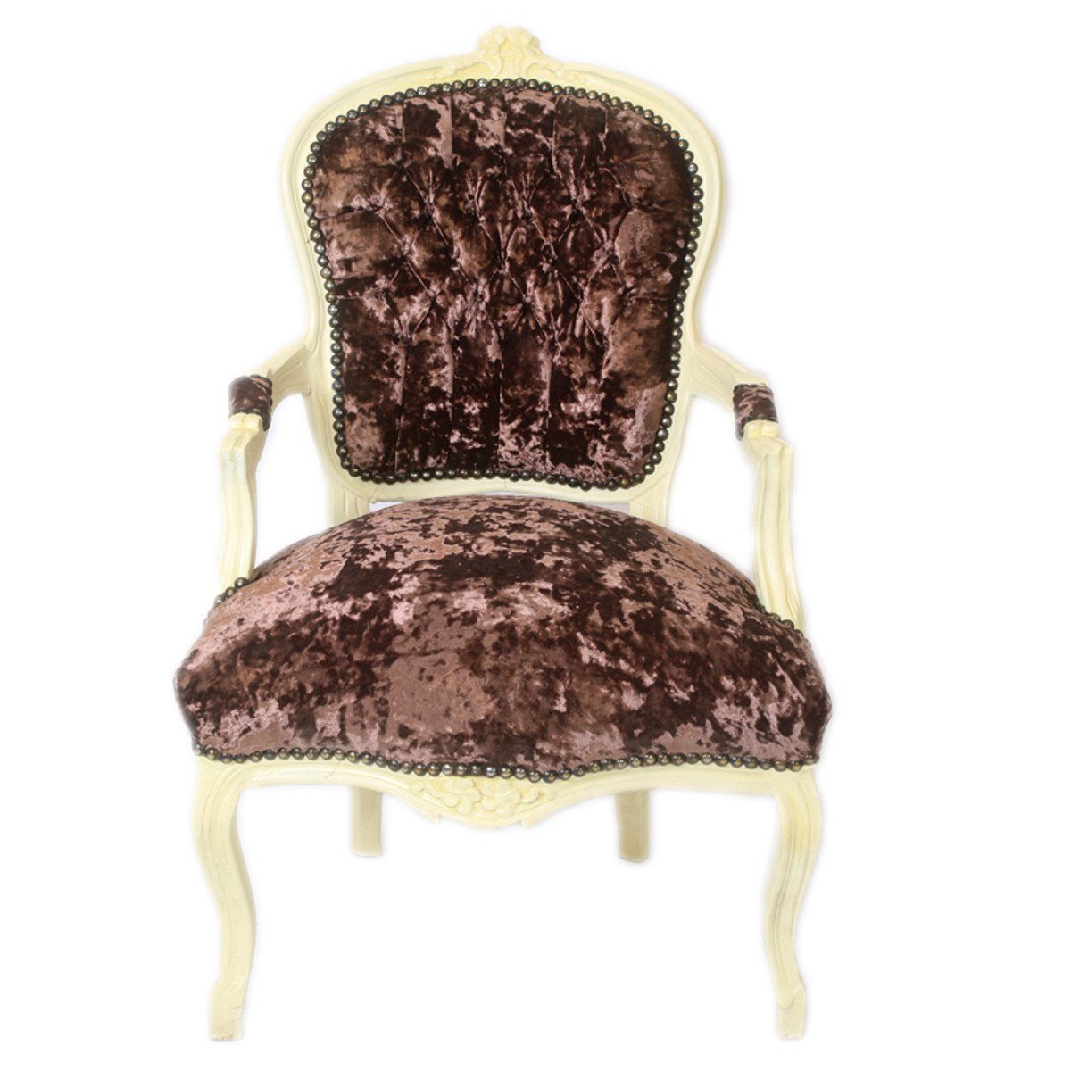 Casa Padrino Besucherstuhl Barock Salon Creme - Velour Braun Möbel Antik Stoff / Design Stuhl