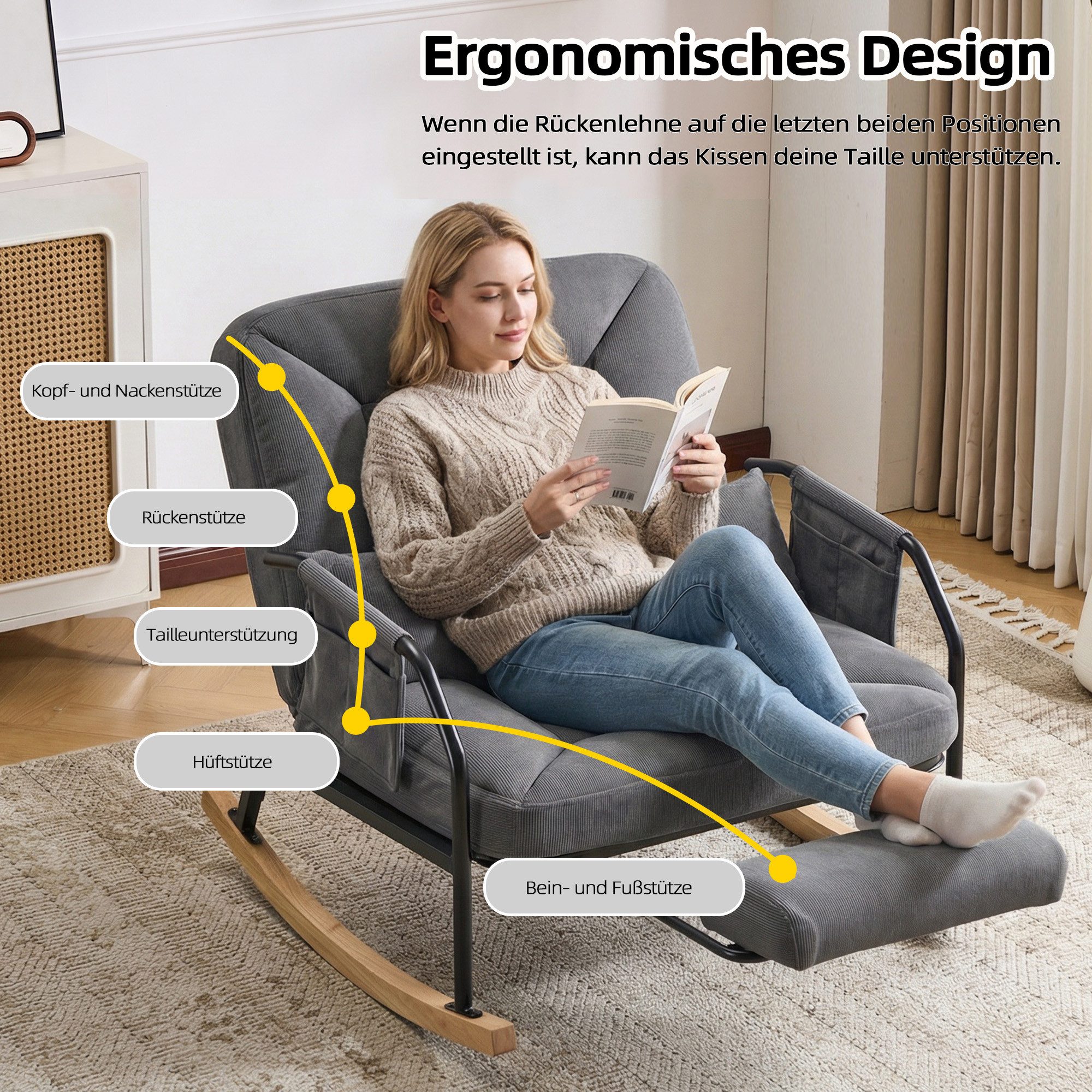 Bonzy Home Relaxsessel Schaukelstuhl mit Fußstütze, Verstellbarer Relaxsessel, mit Seitentaschen und Kissen, Tragfähigkeit 150 kg, 100°-160°
