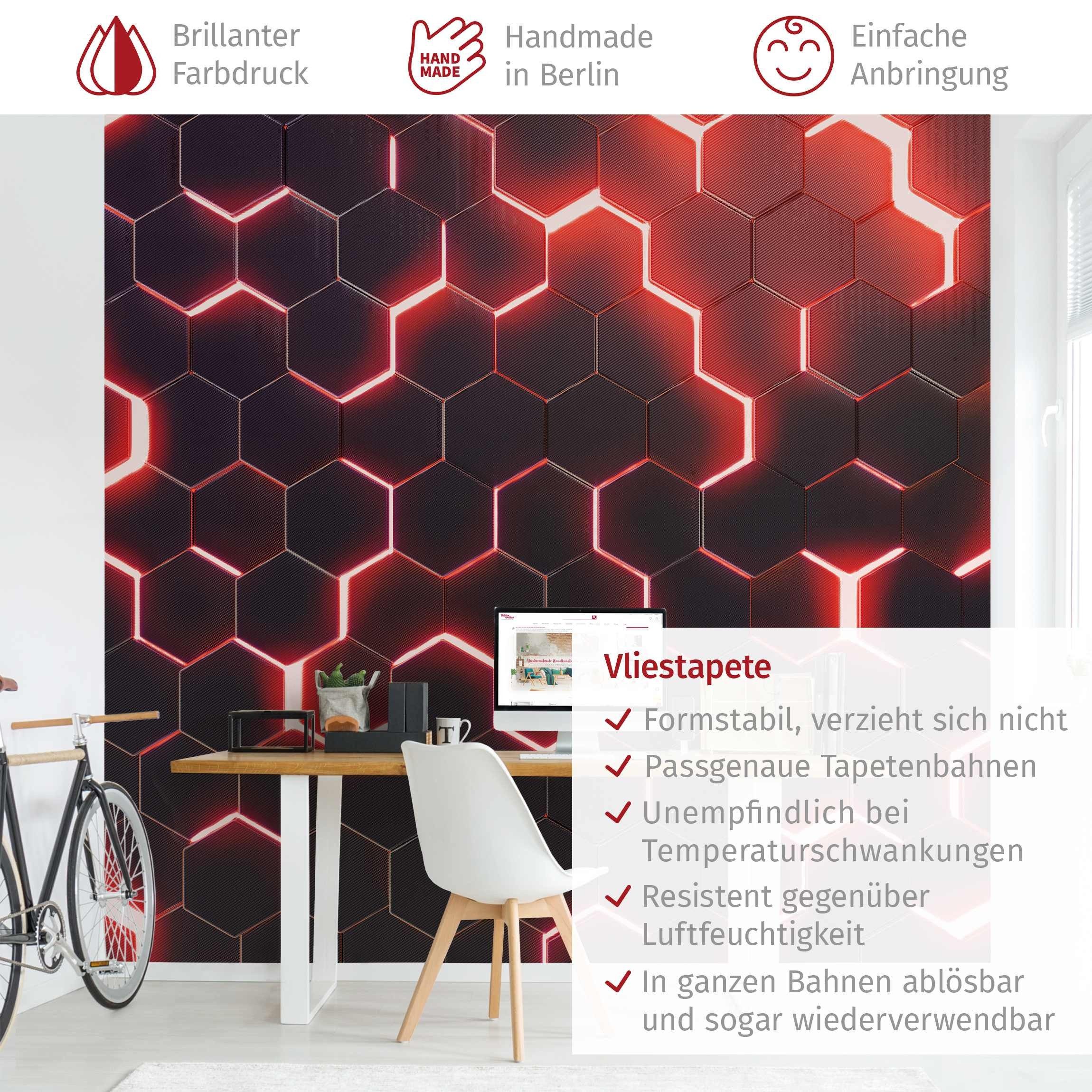 Bilderdepot24 Mustertapete Hexagone Neonlicht Rot 3D-Optik Muster Neon Art Gaming schwarz modern, Glatt, Matt, (Vliestapete inkl. Kleister oder selbstklebend),  – Bild 3 von 5
