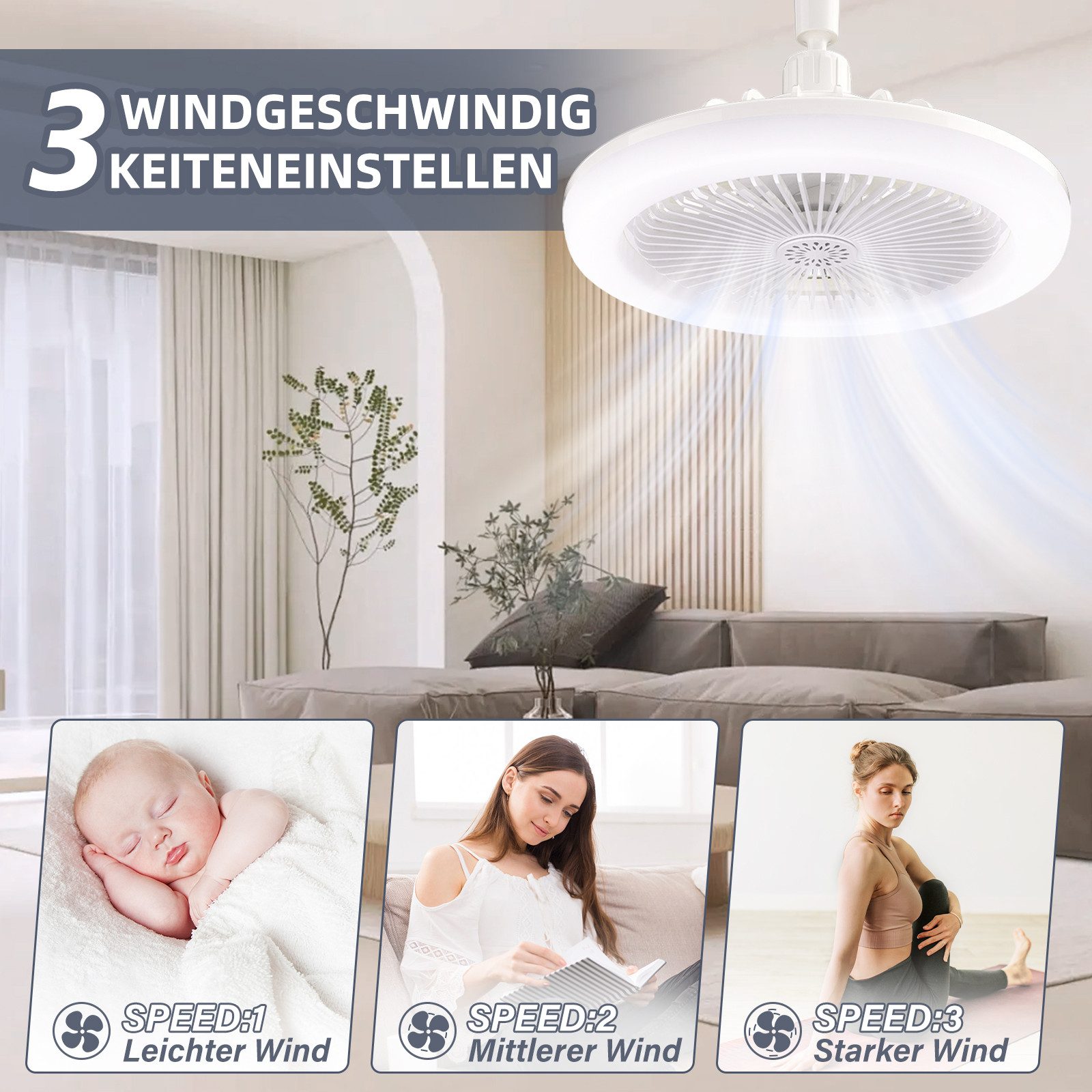 Laybasic Deckenventilator E27 Deckenventilator Fernbedienung Lampe mit Ventilator Dimmbar, 3 Geschwindigkeiten Schlafzimmer