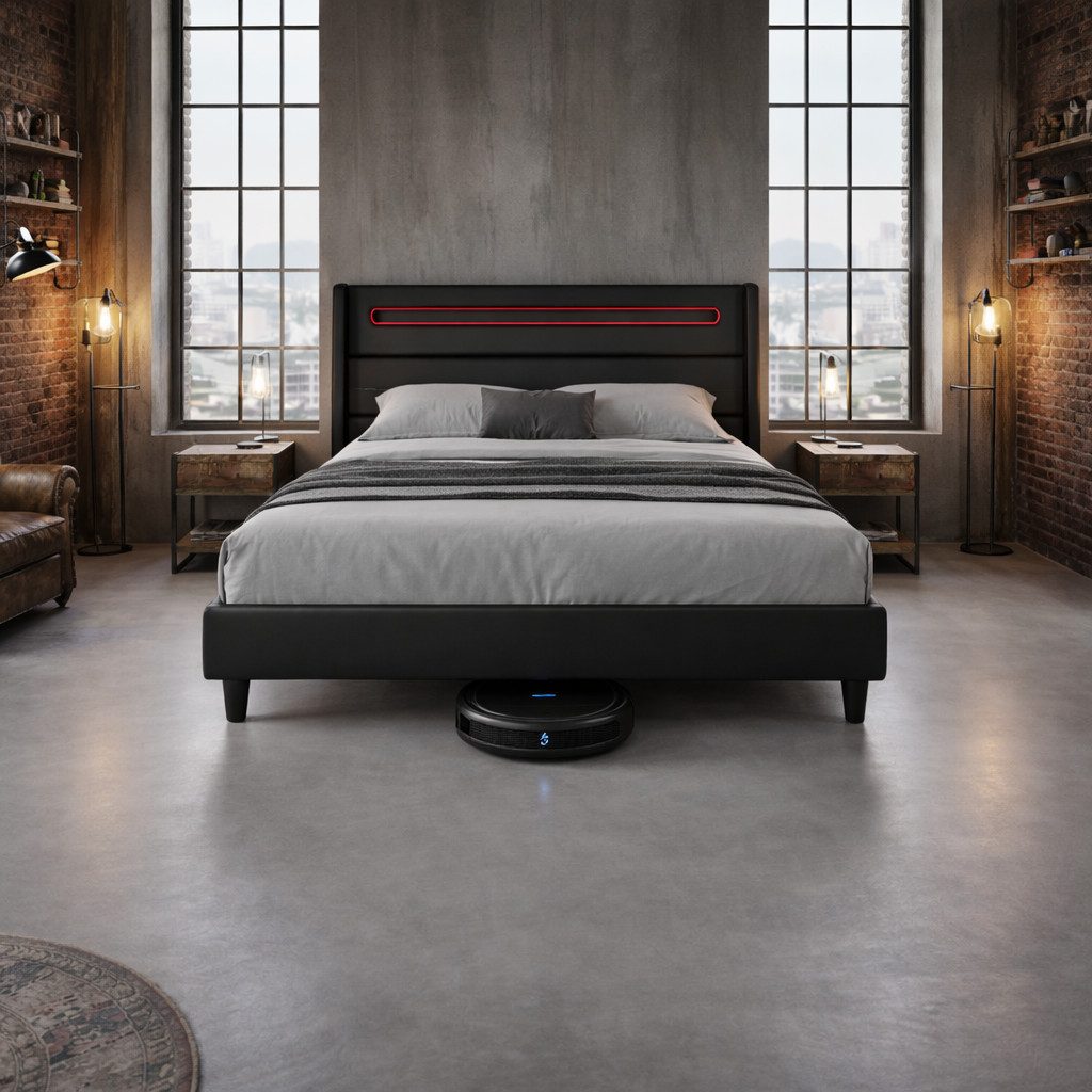 Furnify Polsterbett Bett ALVA 160 x 200 cm Doppelbett Bettgestell aus Kunstleder (mit Matratze), mit LED-Beleuchtung, Lattenrost und verstellbarem Kopfteil