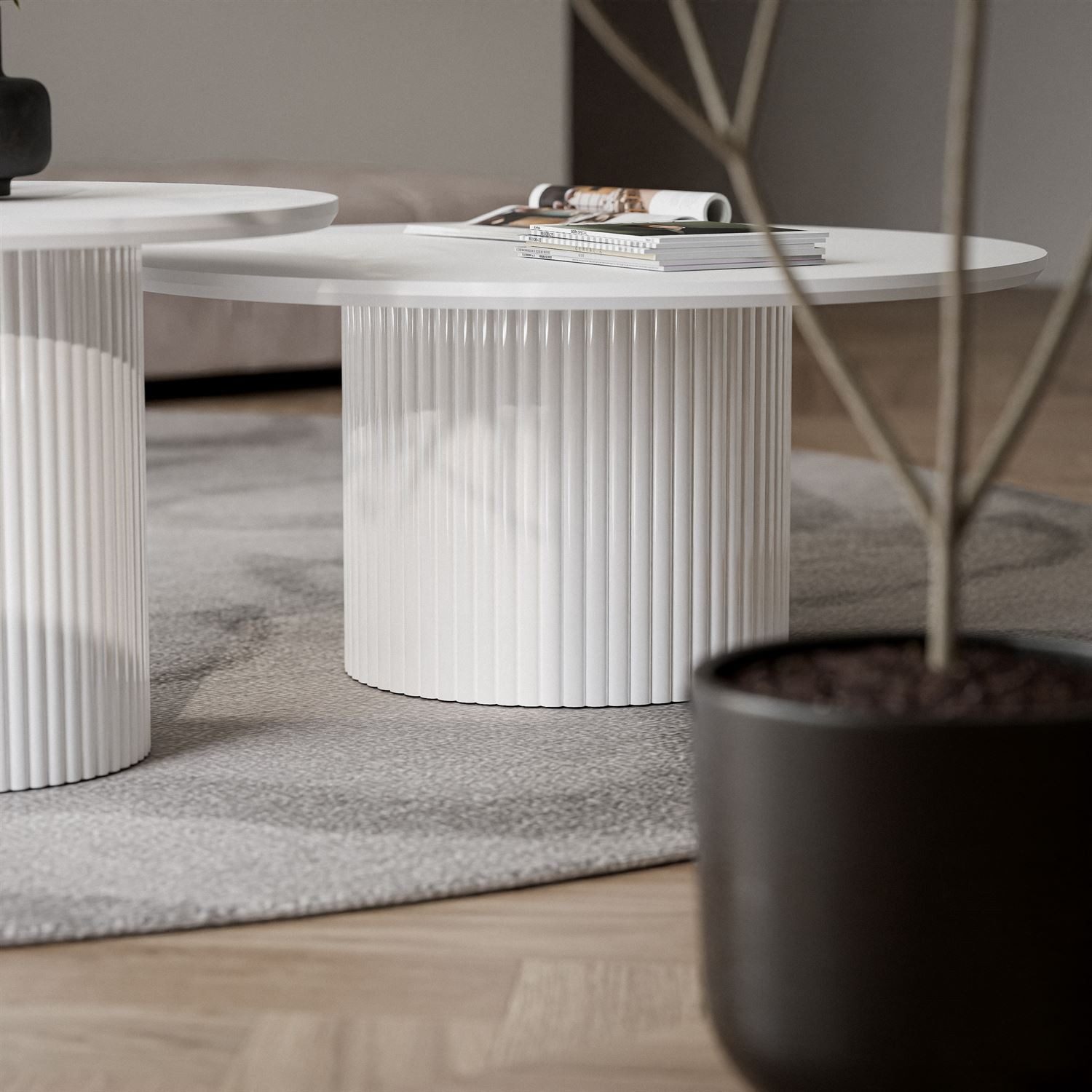 yourhouse24 Couchtisch -Set ORI 2-in-1 (Rund) – Riffel-Optik & Lamellen-Design (2er Set), Ø 80 cm & Ø 60 cm (Höhe: 36/42 cm) – platzsparend ineinanderschiebbar – Bild 4 von 5