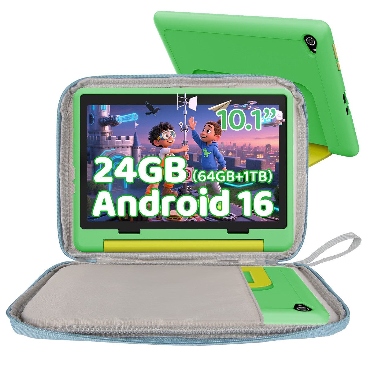 BUFO 10 Zoll 24(3+21)GB RAM+64GB ROM 1280x800 HD-Display Android16 Kinder Tablet (10,1", 64 GB, Android 16, WIFI, Anti-Blaulicht, Vorinstallierte Kinder Lernsoftware, Robustes Design)
