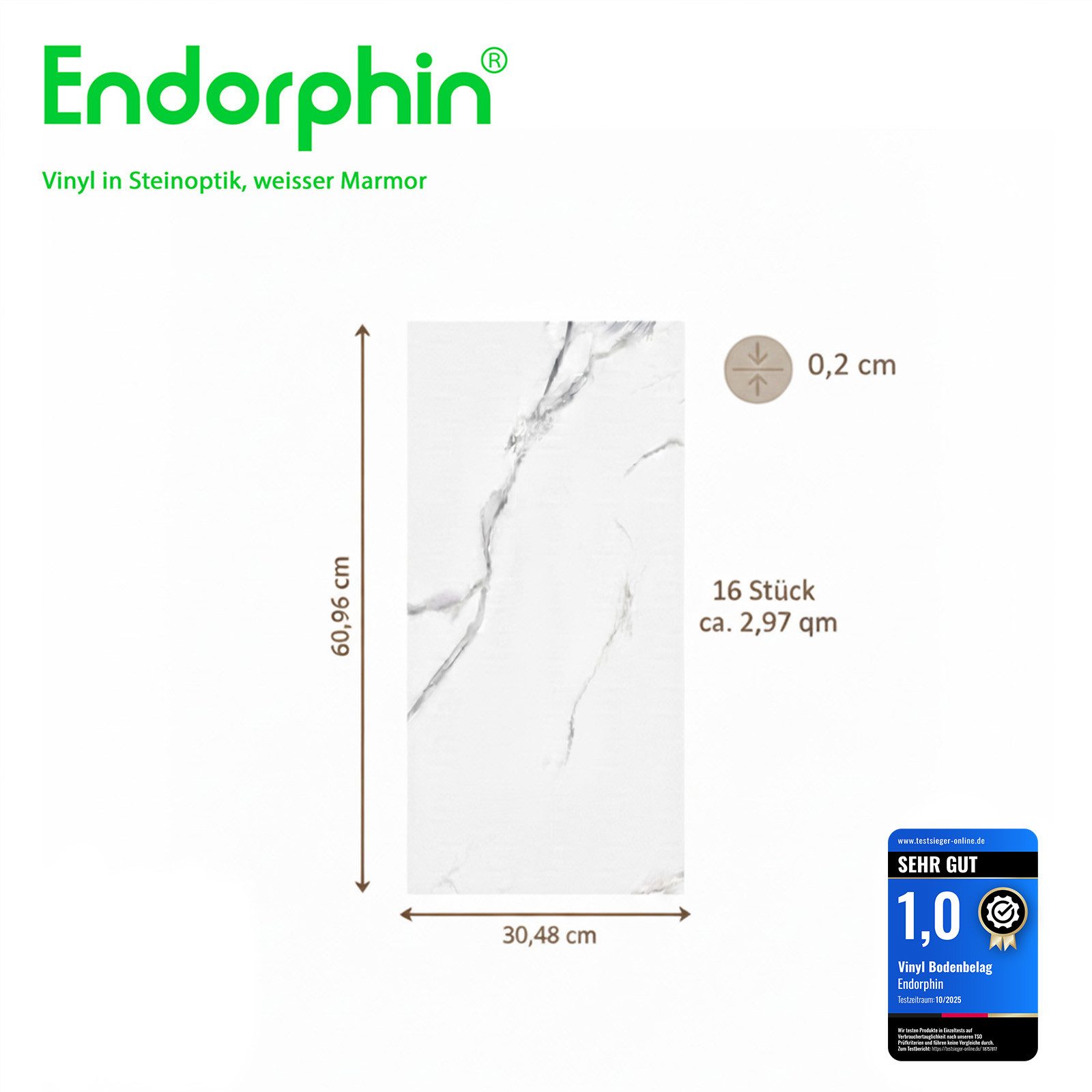 Endorphin Vinylboden Vinylboden selbstklebend Steinoptik weißer Marmor 2,97qm, Selbstklebend, pflegeleicht, strapazierfähig, renovierungsfreundlich, geeignet für intensive private Nutzung