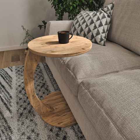 en.casa Beistelltisch, »Holeby« C-Form mit 4 Rollen 56xØ38cm Holzoptik