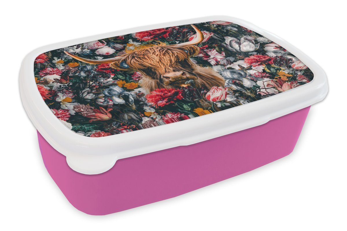 MuchoWow Lunchbox Schottischer Highlander - Illustration - Blumen, Kunststoff, (2-tlg), Brotbox für Erwachsene, Brotdose Kinder, Snackbox, Mädchen, Kunststoff rosa