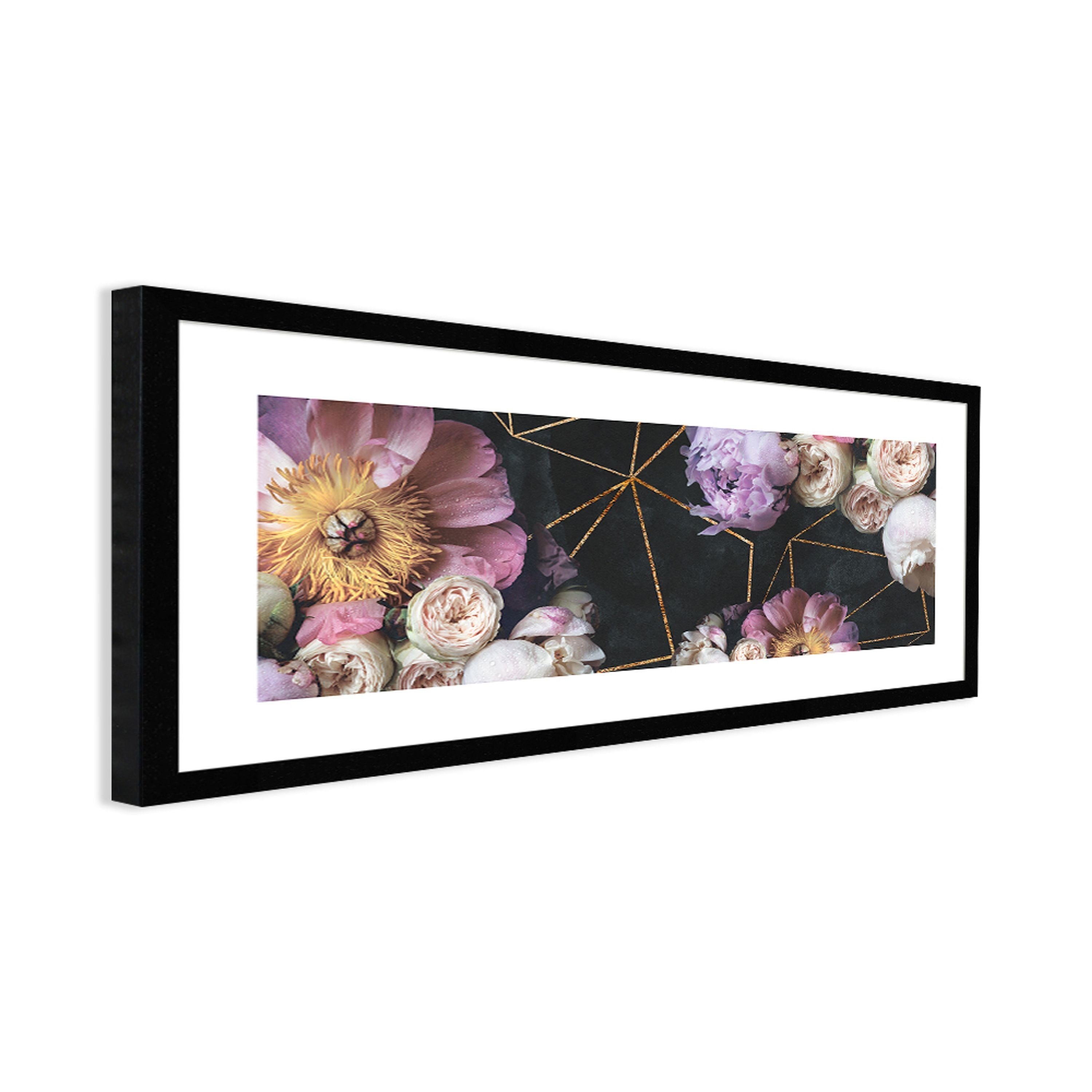 mit 71x30cm artissimo gerahmt Bild schwarz Rahmen Bkumen Bouquet mit länglich Bild und Blüten: Design-Poster Vintage lila, Rahmen