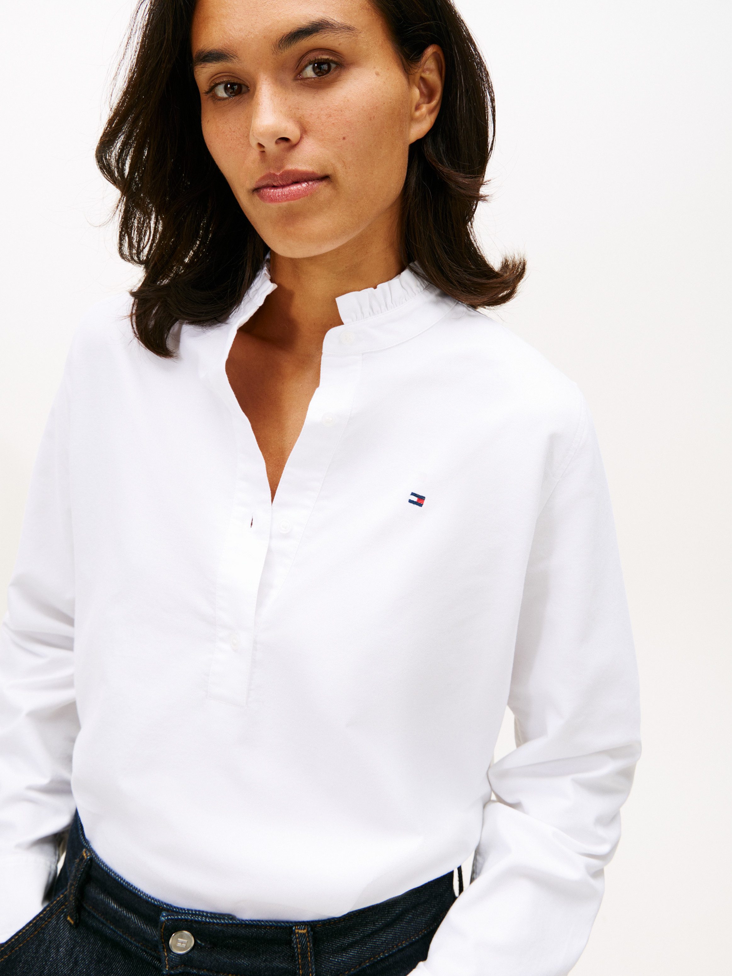 Tommy Hilfiger Langarmbluse OXFORD RUFFLE NECK SHIRT mit Rüschen Detail günstig online kaufen