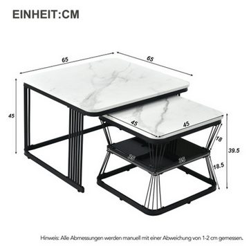 yozhiqu Couchtisch Set aus 2 modernen Beistelltischen, schwarz matt Stahlrohre (2er-Set), Marmoroptik, 2 Tische mit den Maßen 65x65x45 cm und 45x45x39,5 cm.
