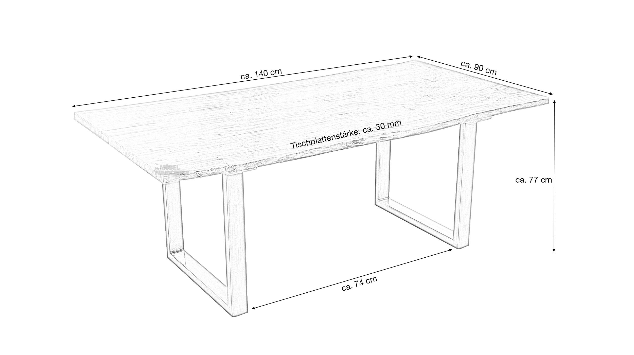 Massivart® Baumkantentisch AGRA / 30 / / Massivholz Akazienholz Standbeine Tischplatte, Kufengestell lackiert Look Metall mm Industrial / schwarz