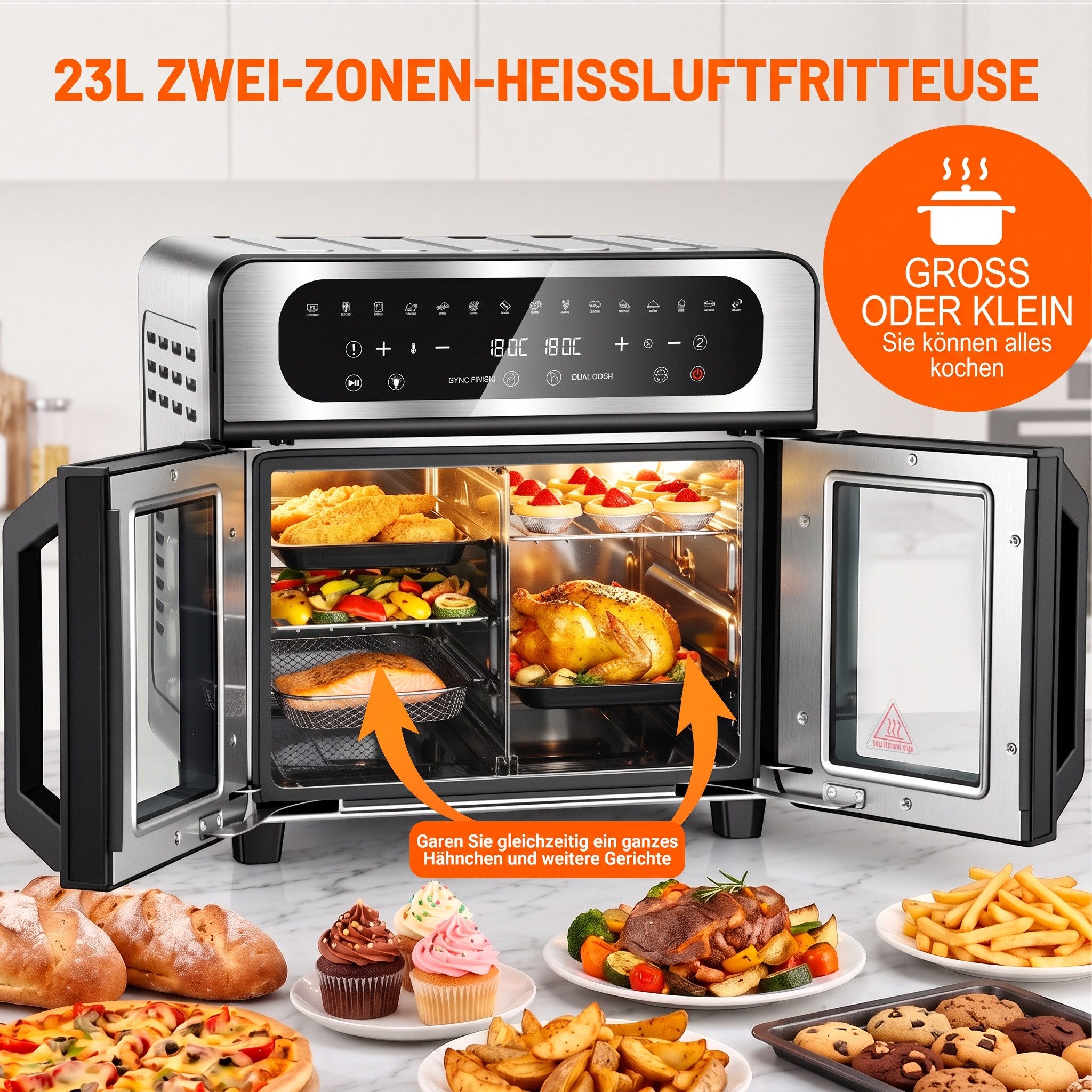 oyajia Heißluftfritteuse XXL Backofen mit Französischen Türen, Air Fryer Dual Zone mit Smart-Touch, Sync Finish, 15 Programme, Inkl. 13 Zubehörteile, Metallgehä – Bild 5 von 5
