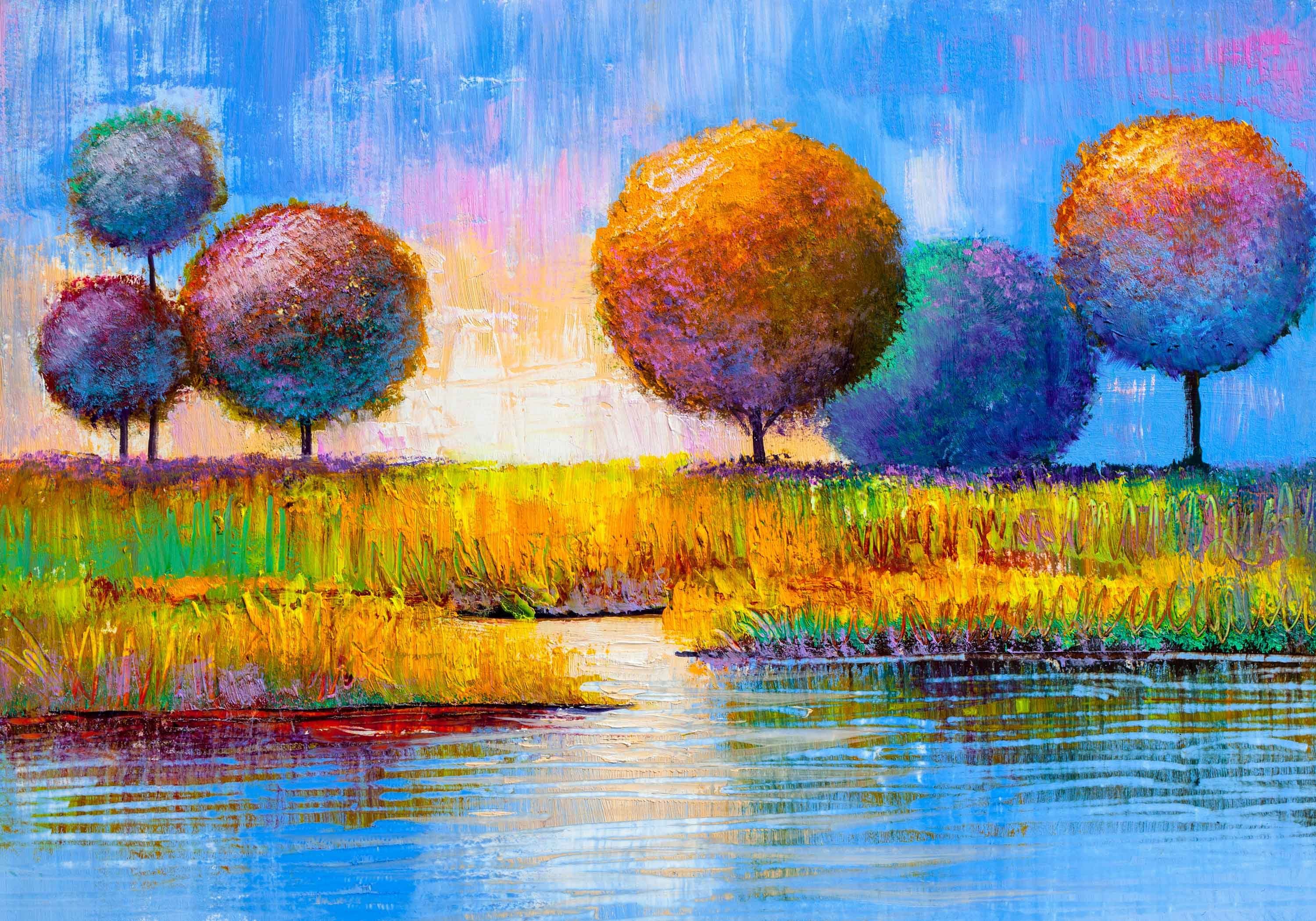 wandmotiv24 Fototapete Gemälde Runde Bäume mit See, glatt, Wandtapete, Motivtapete, matt, Vliestapete