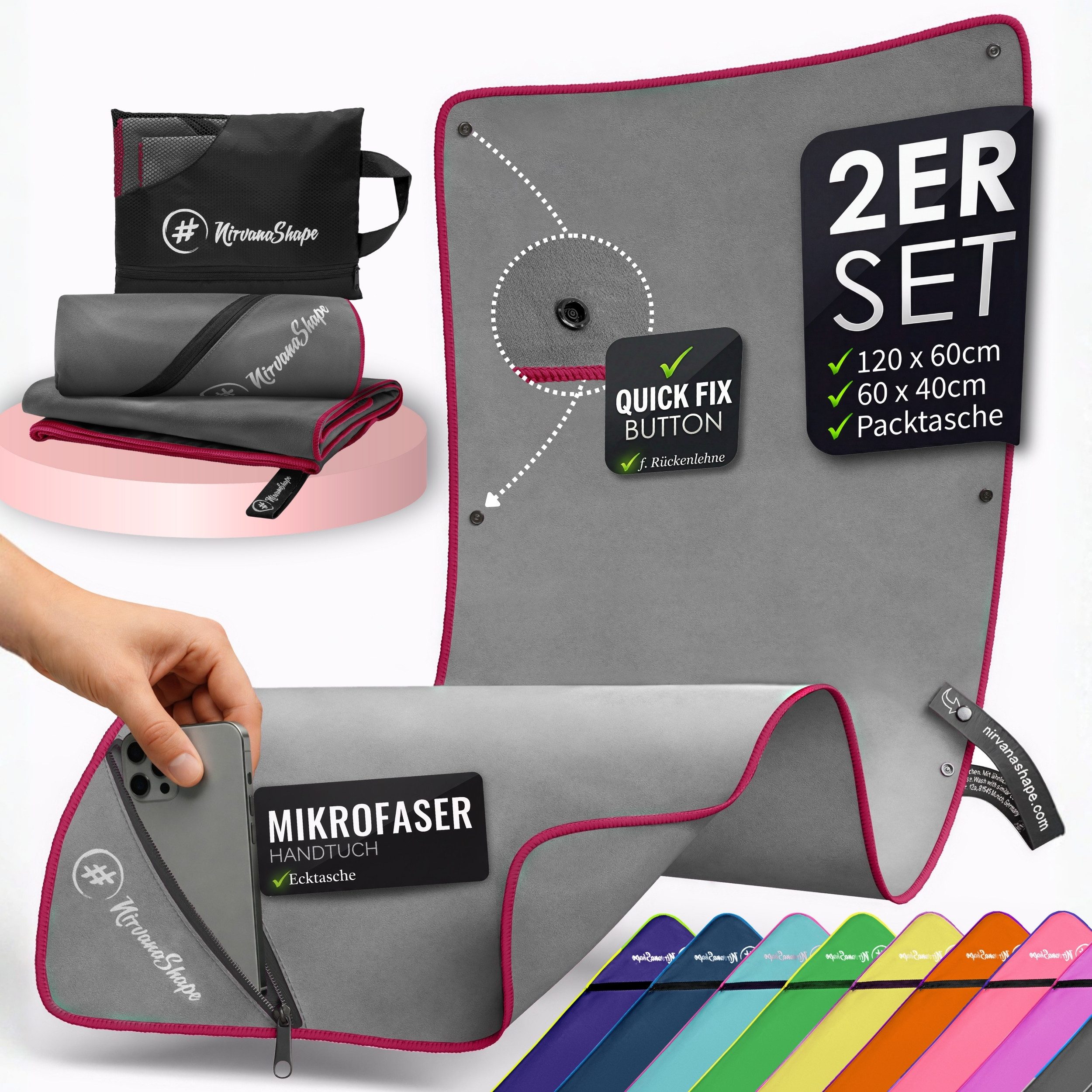 NirvanaShape Reisehandtuch Mikrofaser Handtücher Set, Badehandtuch, Reisehandtuch, Strandtuch, Ecktasche mit Reißverschluss, saugfähig, leicht, schnelltrocknend