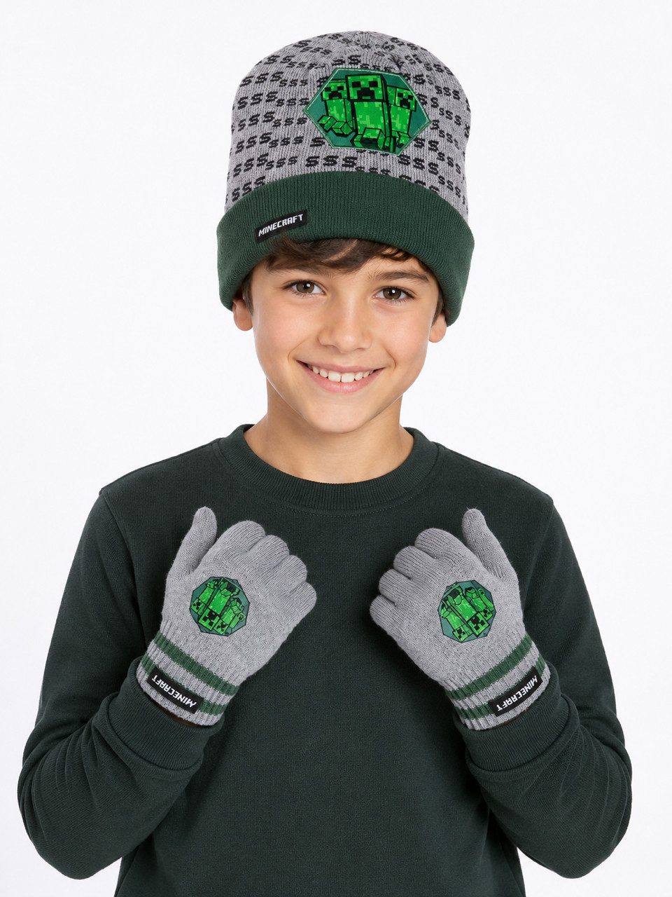 Minecraft Strickmütze Minecraft Mütze Handschuhe Set Kinder Winter Größen 54 und 56 (Set) Kinder Winterset Bekleidung Mütze + Handschuhe Jungen + Mädchen