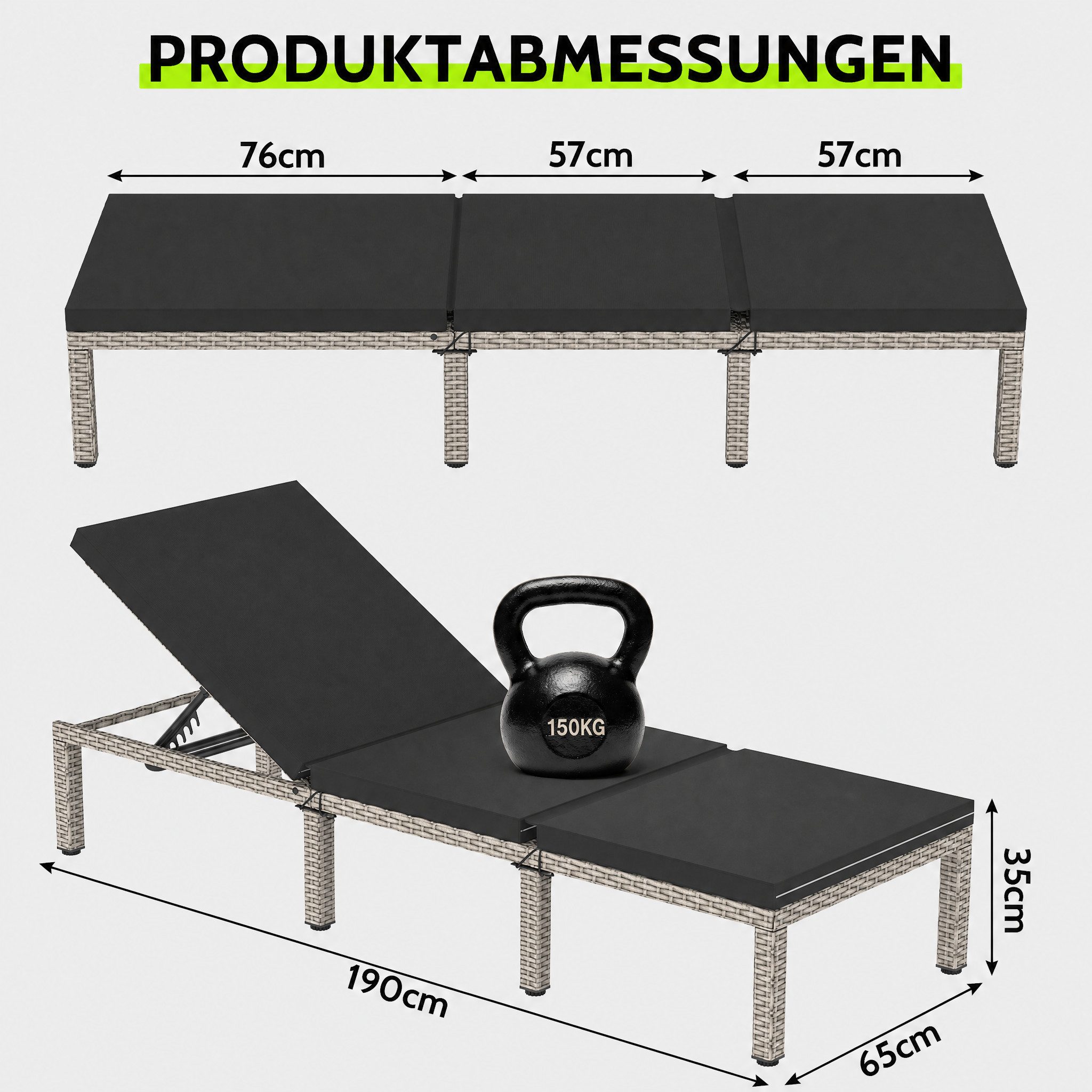 Huracan Gartenliege Sonnenliege mit 5-Fach höhenverstellbarer Rückenlehne, Gartenliege Daybed Outdoor mit Bequemer Polsterauflage, 2 St., Relaxliege Rattan Polyrattan für Innen und Außen Balkonliege