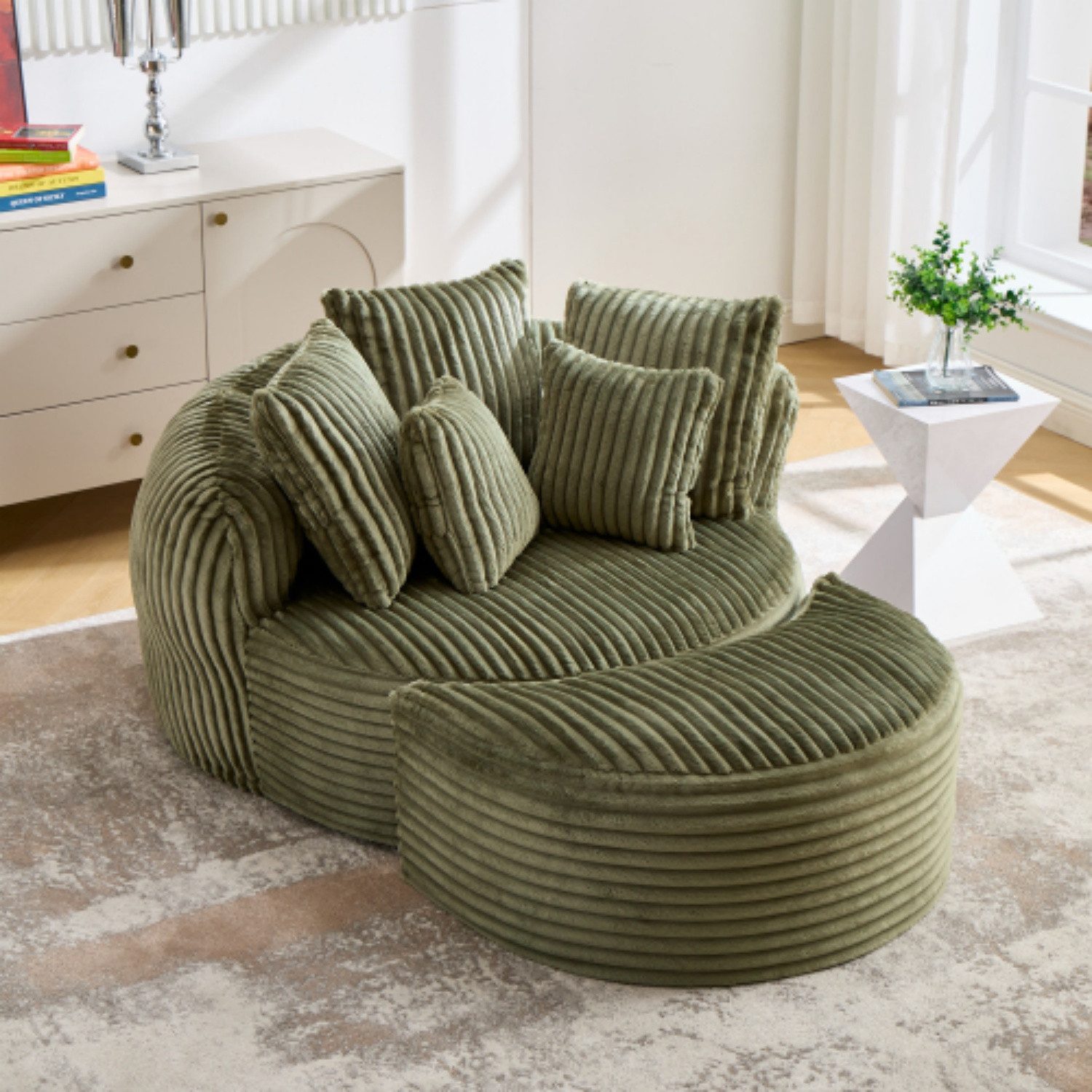 ANYSUN XXL-Sessel Rundsessel mit Hocker, 123×97×63 cm, Chenille, mit Rückenkissen (1 Rundsessel + 1 Hocker + 5 Zierkissen), Für Wohnzimmer, Schlafzimmer & Leseecke, montagefrei, 5 Zierkissen