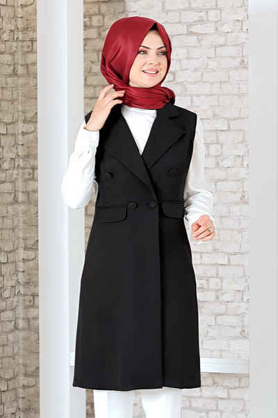 fashionshowcase Longtunika Damen Weste mit Knopfdetail und Kragen Lange Tunika-Weste Hijab Mode blickdicht, mit Kreppstoff