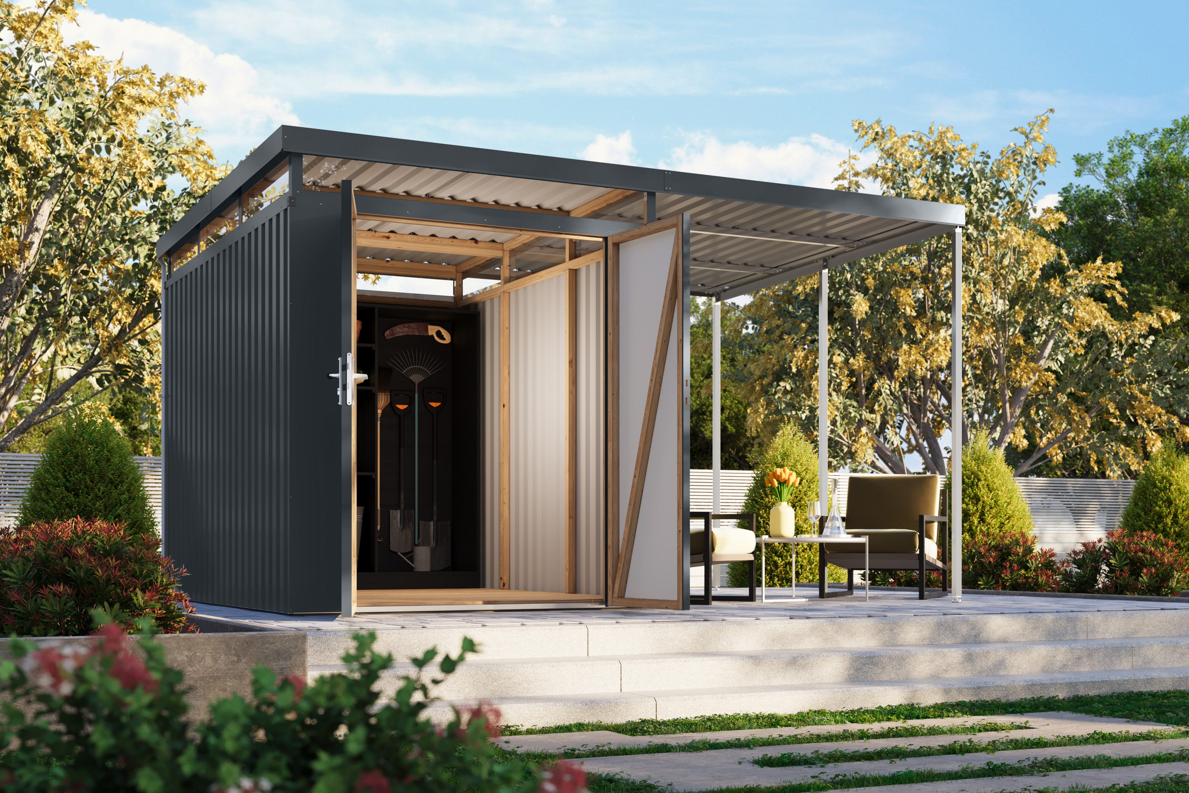 Karibu Gerätehaus Titanium 2,5 SET mit Anbaudach, BxT: 414x292 cm