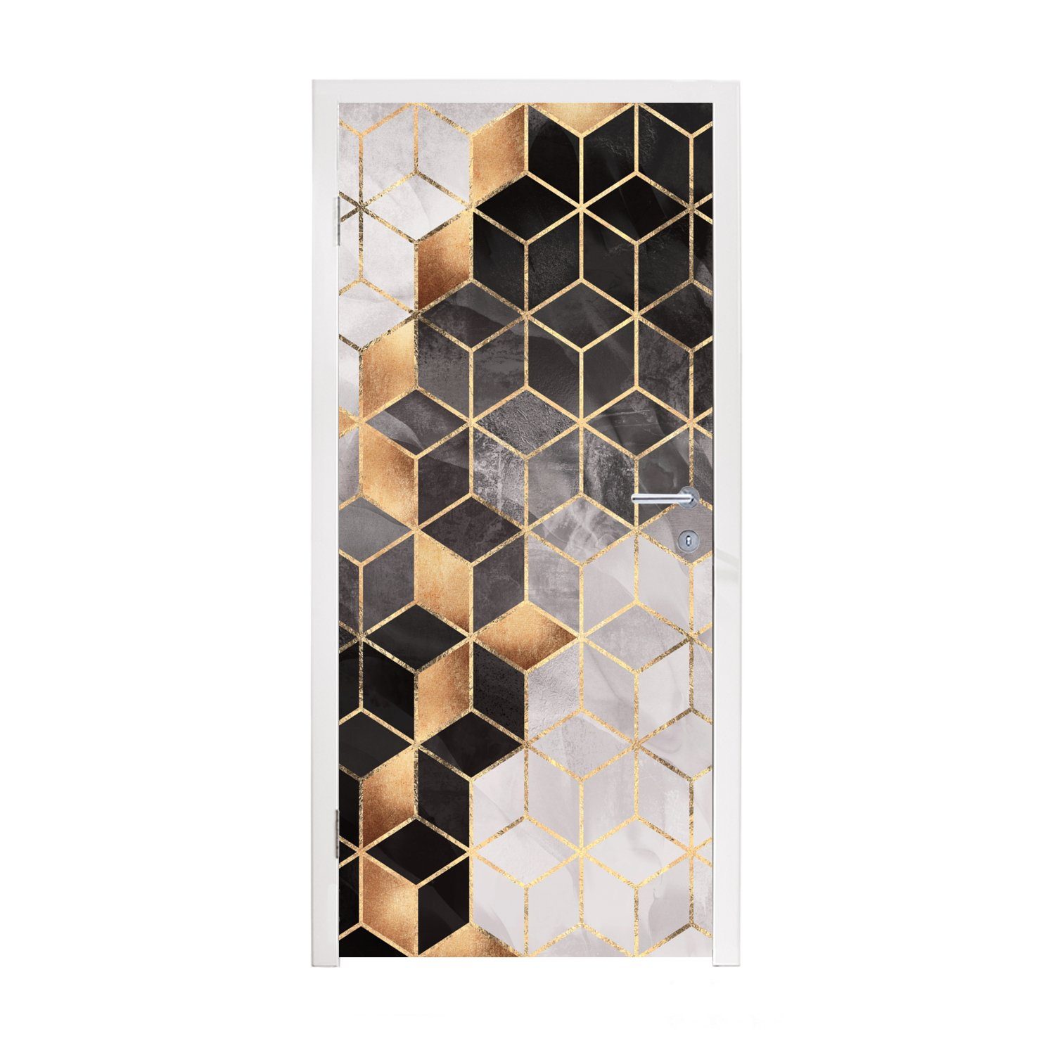 MuchoWow Türtapete Abstrakt - Würfel - Gold - Muster - Schwarz - Weiß, Matt, bedruckt, (1 St), Fototapete für Tür, Türaufkleber, 75x205 cm