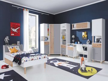 99rooms Kinderregal Donna Weiß Hochglanz Eiche Artisan Hochglanz Grau, Standregal, Bücherregal, mit 4 Fächern und Schublade, 2-türig, FSC-Zertifizierung, Spanplatte, Modern Design