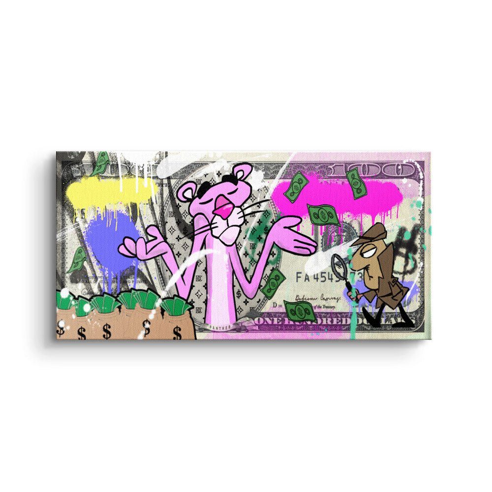 DOTCOMCANVAS® Leinwandbild, Leinwandbild Der rosarote Panther 100 Dollar Panther Panorama Geld ohne Rahmen