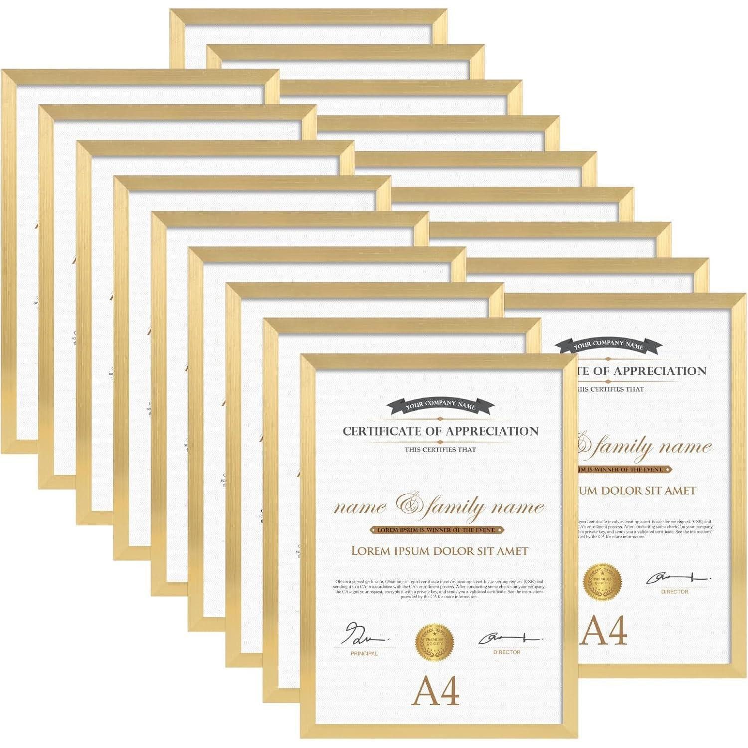 LuxusKollektion Bilderrahmen-Set Bilderrahmen A4 18er Set Wand Tisch Büro Wohnung Gold A4(21 x 29,7 cm)