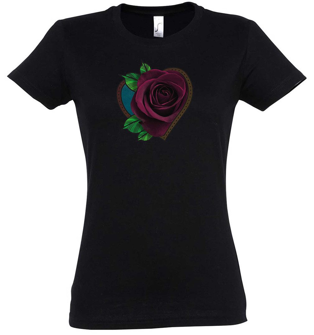 Print-Shirt Tattoo Rose Damen T-Shirt Oldschool Art Artist Traditional