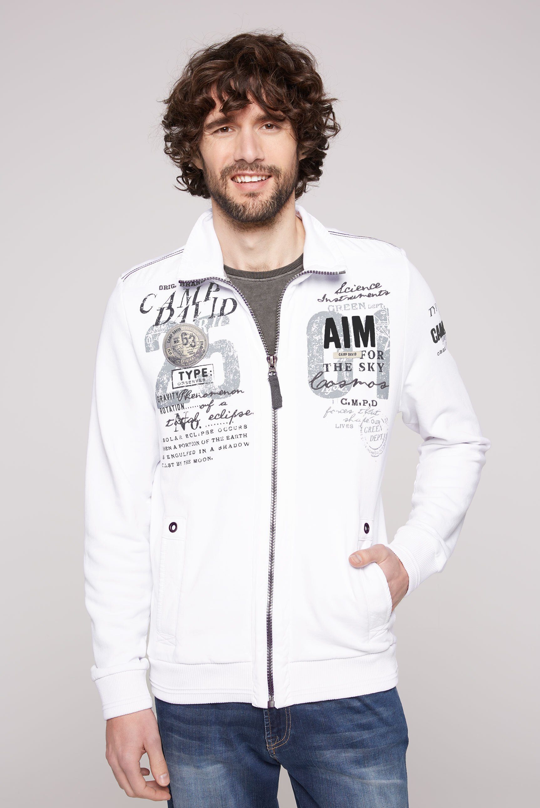 CAMP DAVID Sweatjacke mit Stehkragen, Twill-Details an Stehkragen,  Schultern & Taschen