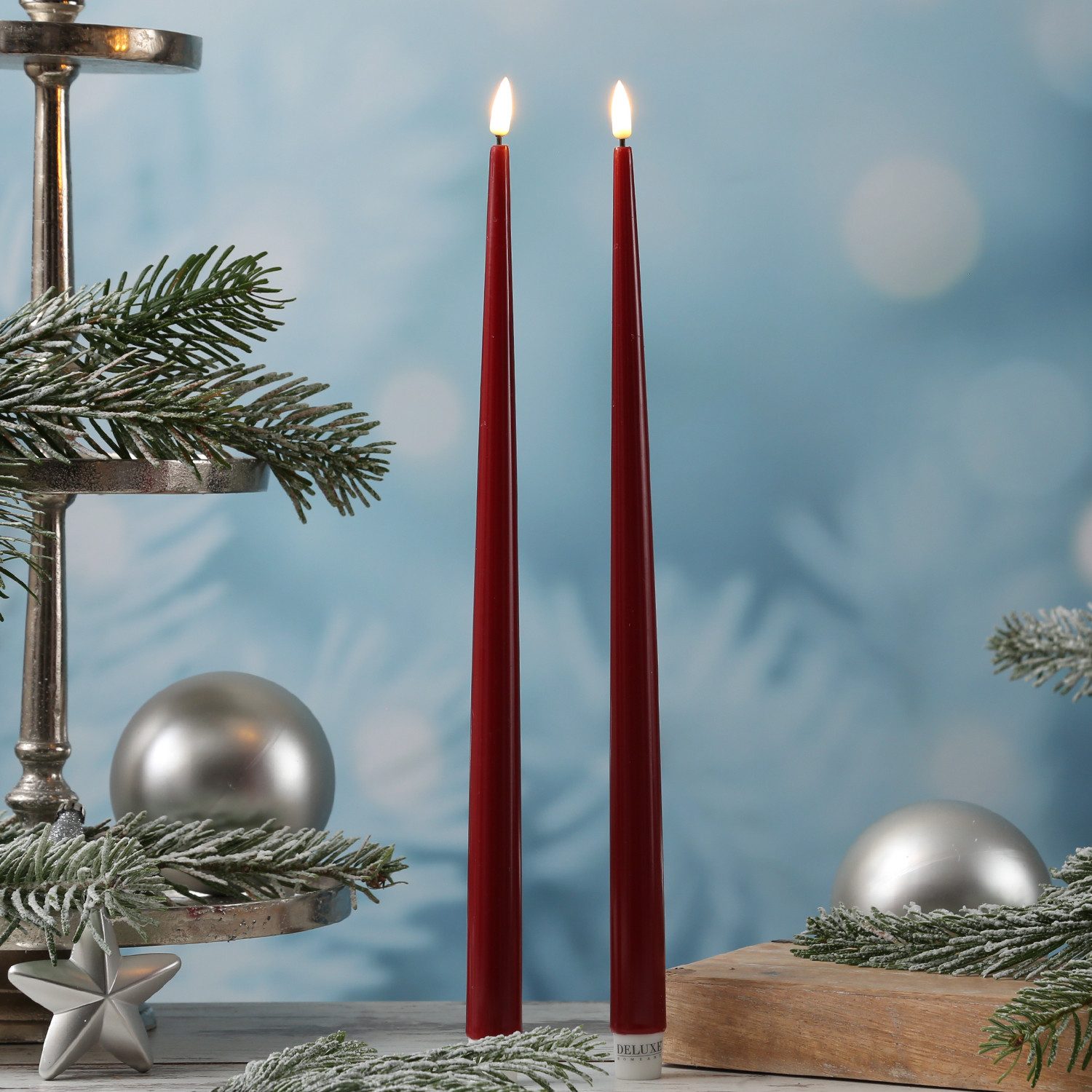 Deluxe Homeart LED-Kerze LED Stabkerzen ELLA Deluxe Tafelkerze flackernd H:38cm bordeauxrot 2St, LED Classic, warmweiß (2100K bis 3000K)