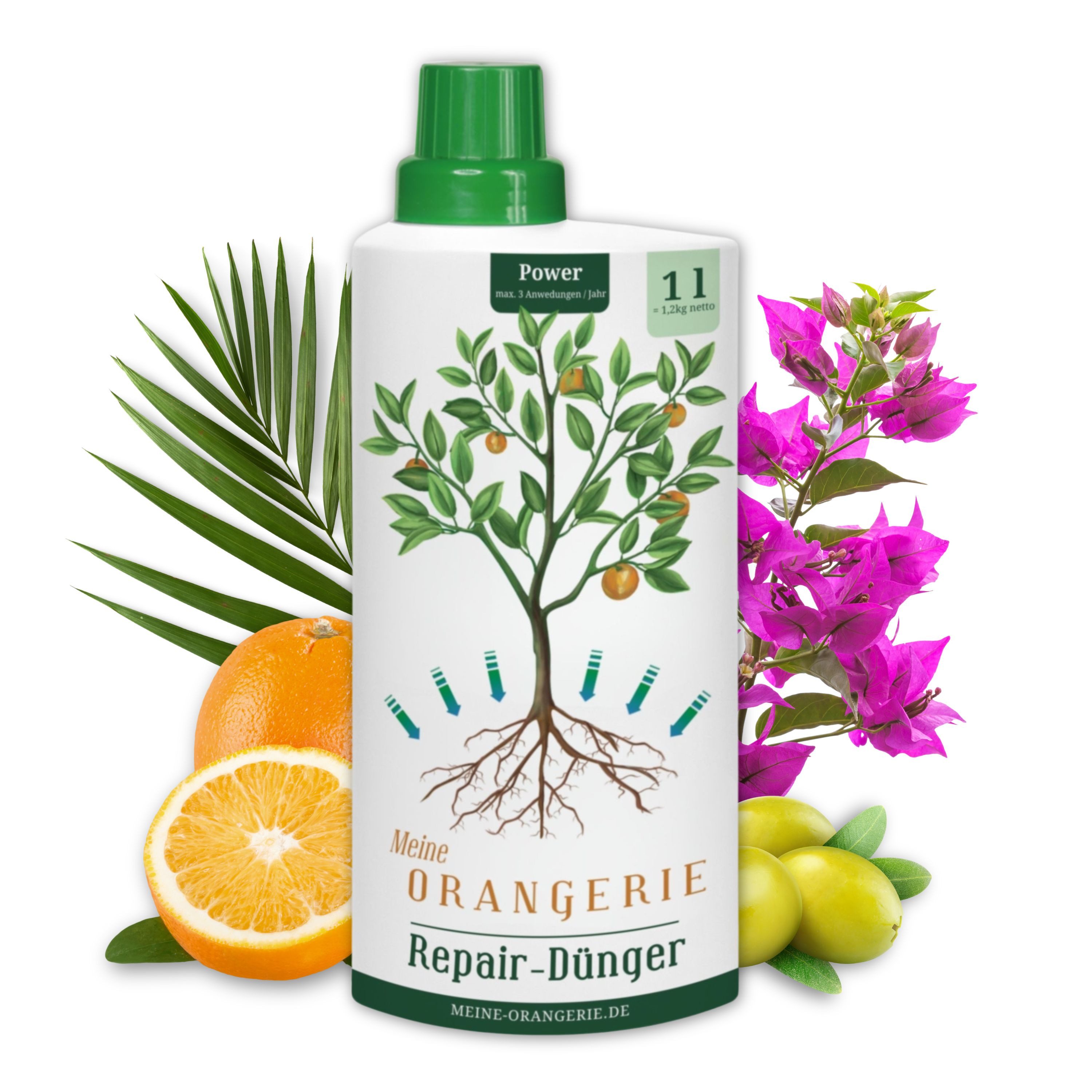 Meine Orangerie Pflanzenstärkungsmittel Power-Repair-Dünger, hochwirksame Pflanzenkur, 1 Liter, Flasche, Wurzelaktivator mit Spurenelementen, Vitaminen & Pflanzenhormonen, Repair-Dünger für Pflanzen mit Winterschäden