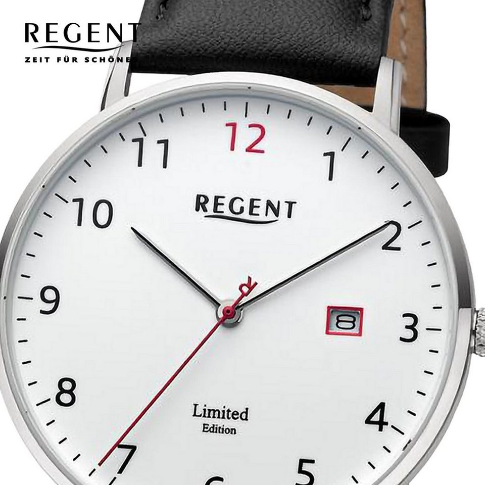 Regent Quarzuhr Regent Herren Armbanduhr Analog, Herren Armbanduhr rund,  extra groß (ca. 39mm), Lederarmband, Saphirglas