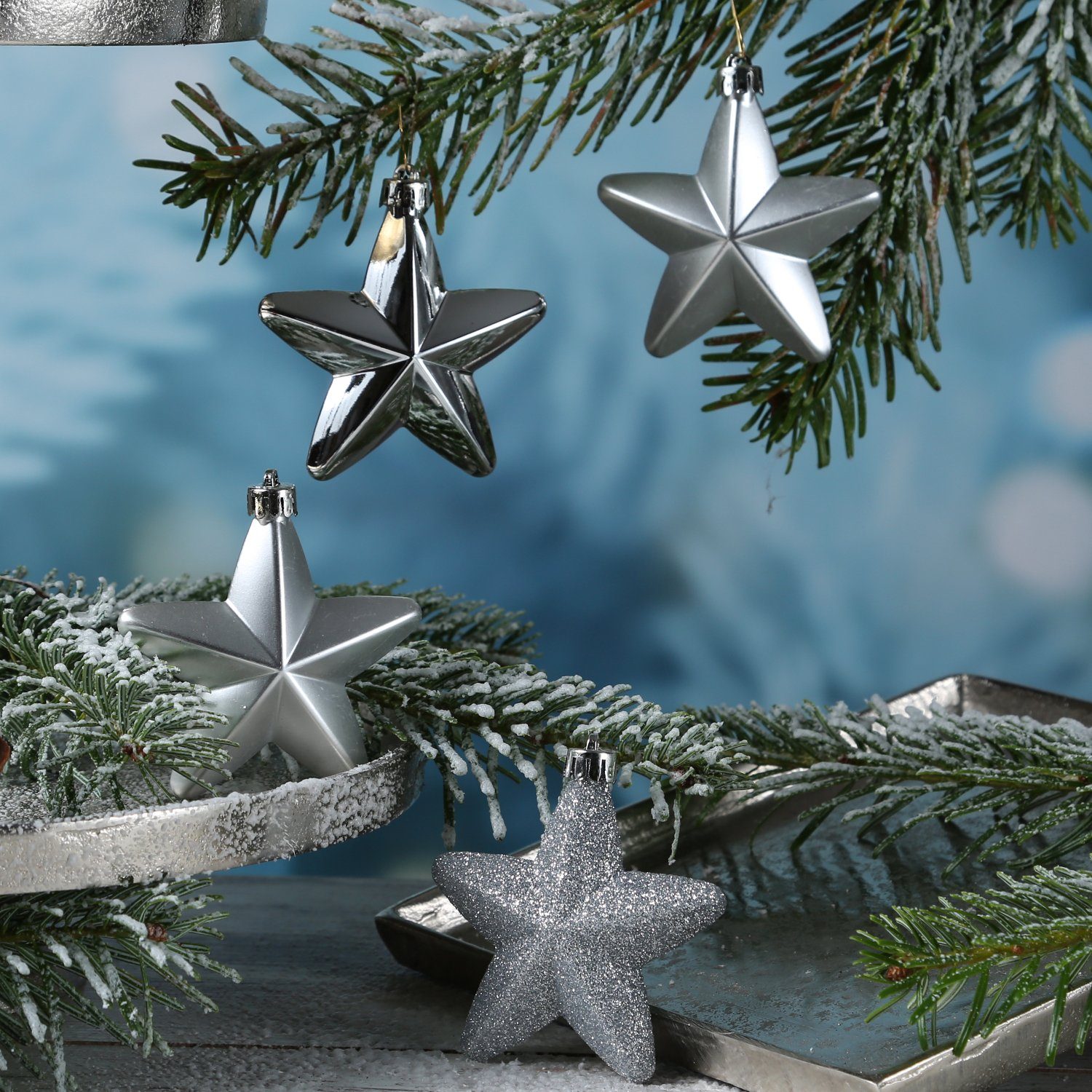 glänzend Weihnachtsbaumschmuck MARELIDA Sterne Christbaumschmuck silber glitzernd 6St. bruchfest