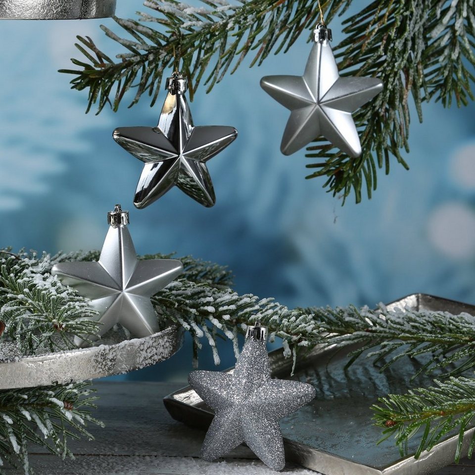 MARELIDA Christbaumschmuck Weihnachtsbaumschmuck Sterne bruchfest glänzend  glitzernd silber