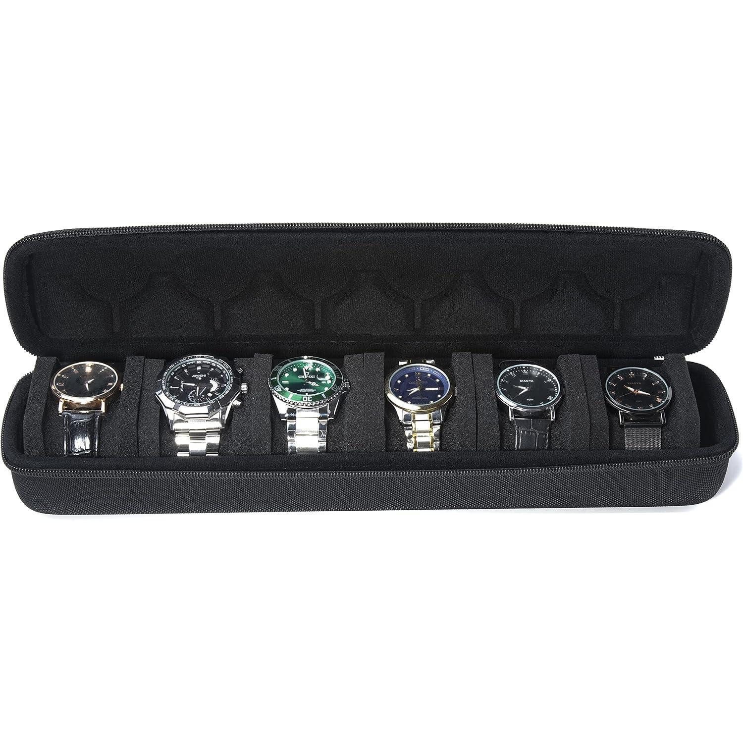 LuxusKollektion Uhrenbox Uhrenreisetasche Hartschale Herren Organizer 6 Schwarz 6 Steckplätze