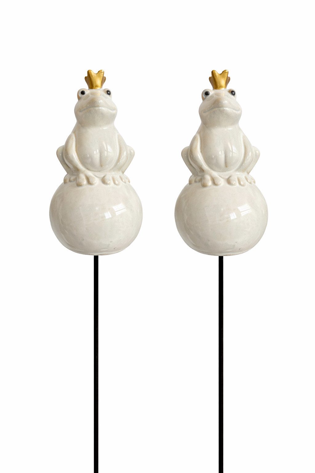 finehomegarden Gartenstecker Frosch Keramik auf Kugel creme 2erSet Gartenstecker + Stab ca. 60cm (Set, 2-St., 2tlg) Wetterfest Dekoration für Garten & Blumentopf Stecker