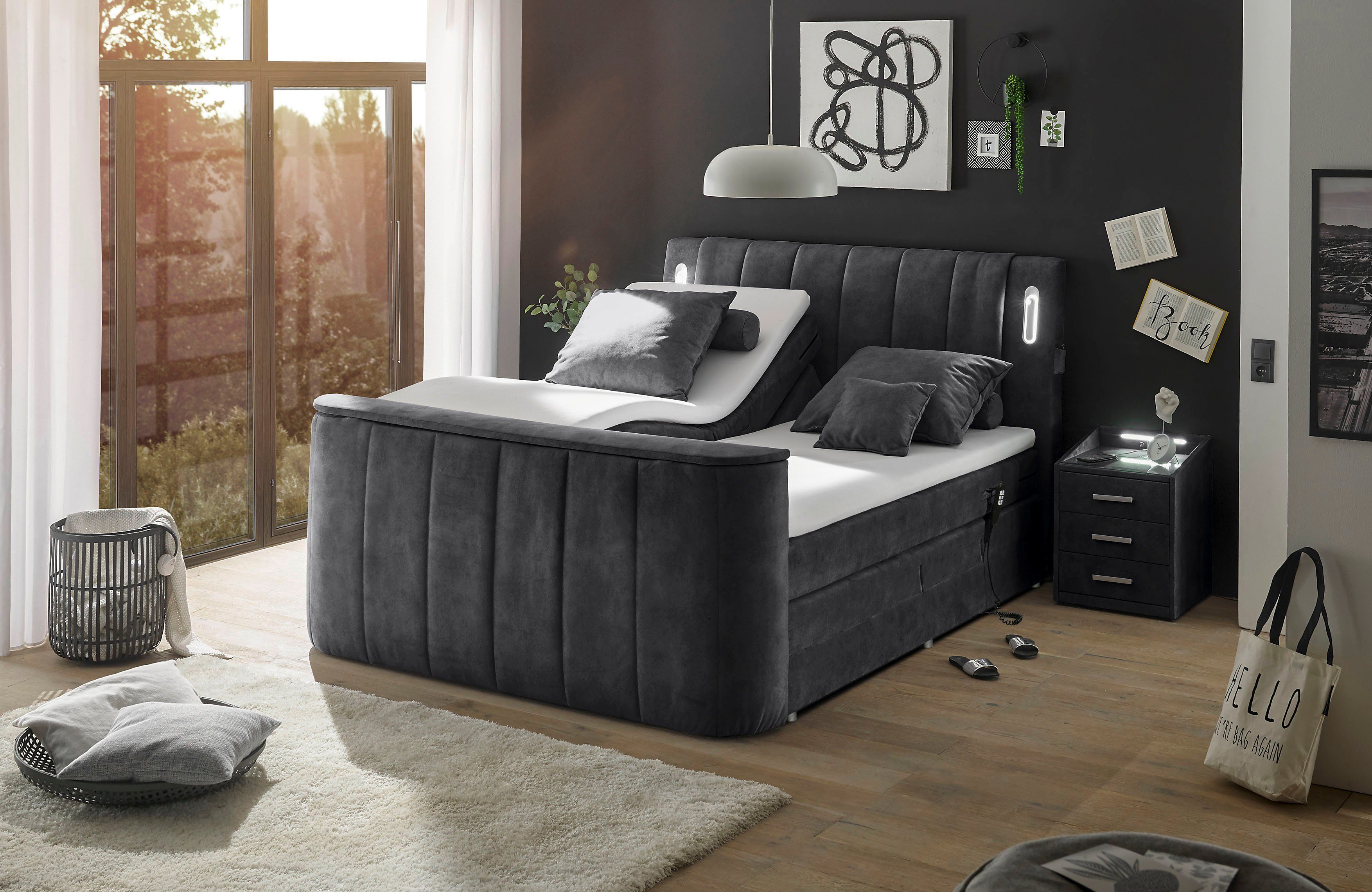 ED EXCITING DESIGN Boxspringbett Dallas (6-St), inkl. Topper, LED-Beleuchtung, motorisierter TV Halterung und Motor