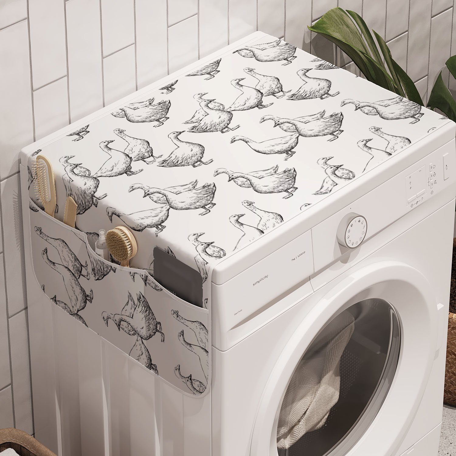 Abakuhaus Badorganizer Anti-Rutsch-Stoffabdeckung für Waschmaschine Gans und Sketchy entwerfen Trockner, Monotone Vögel