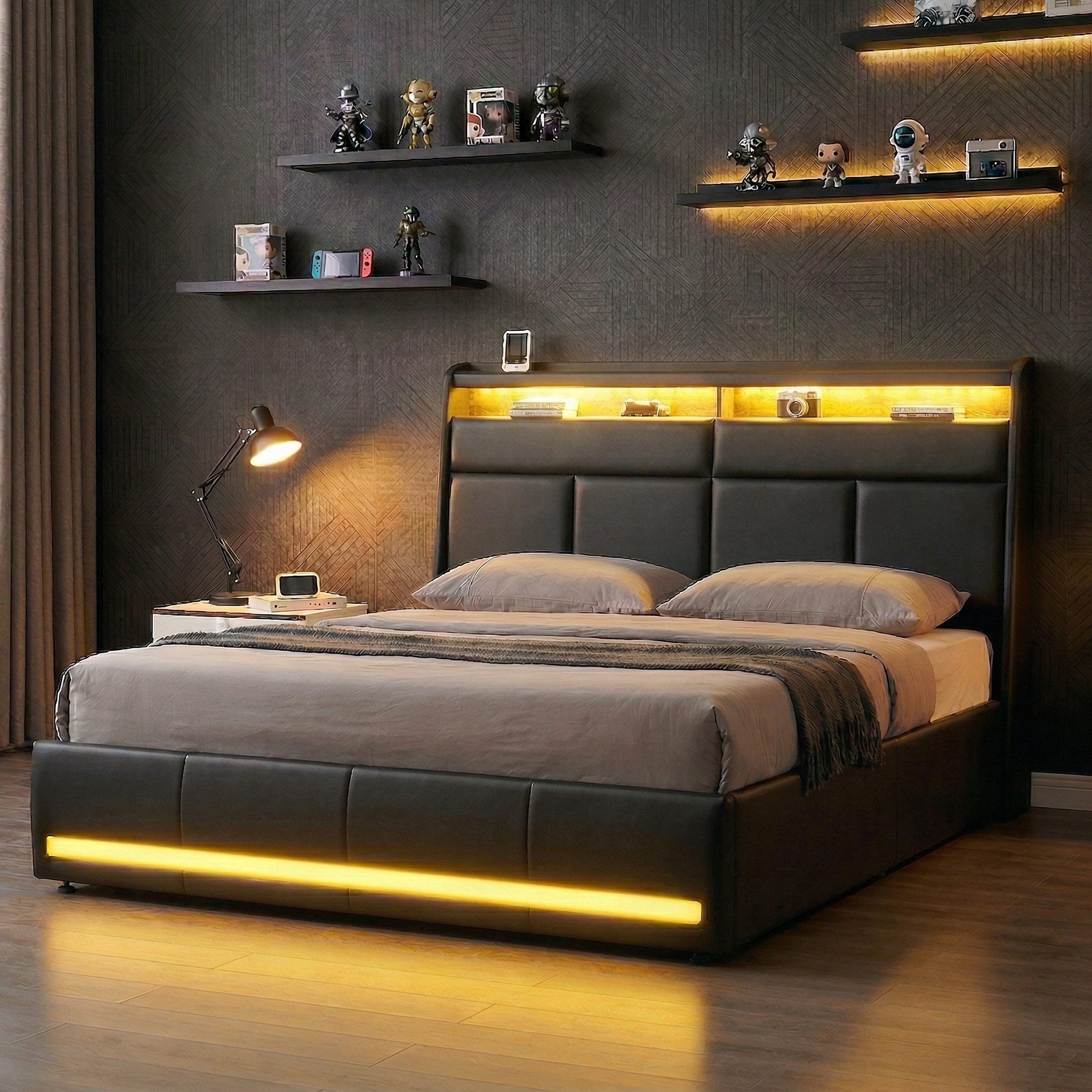 Furnishings Home Polsterbett Stauraumbett Doppelbett mit Bettkasten (Hydraulisch anhebbarer Bettstauraum), Mit LED Beleuchtung, Stauraum am Kopfteil, Kunstleder, 140x200 cm