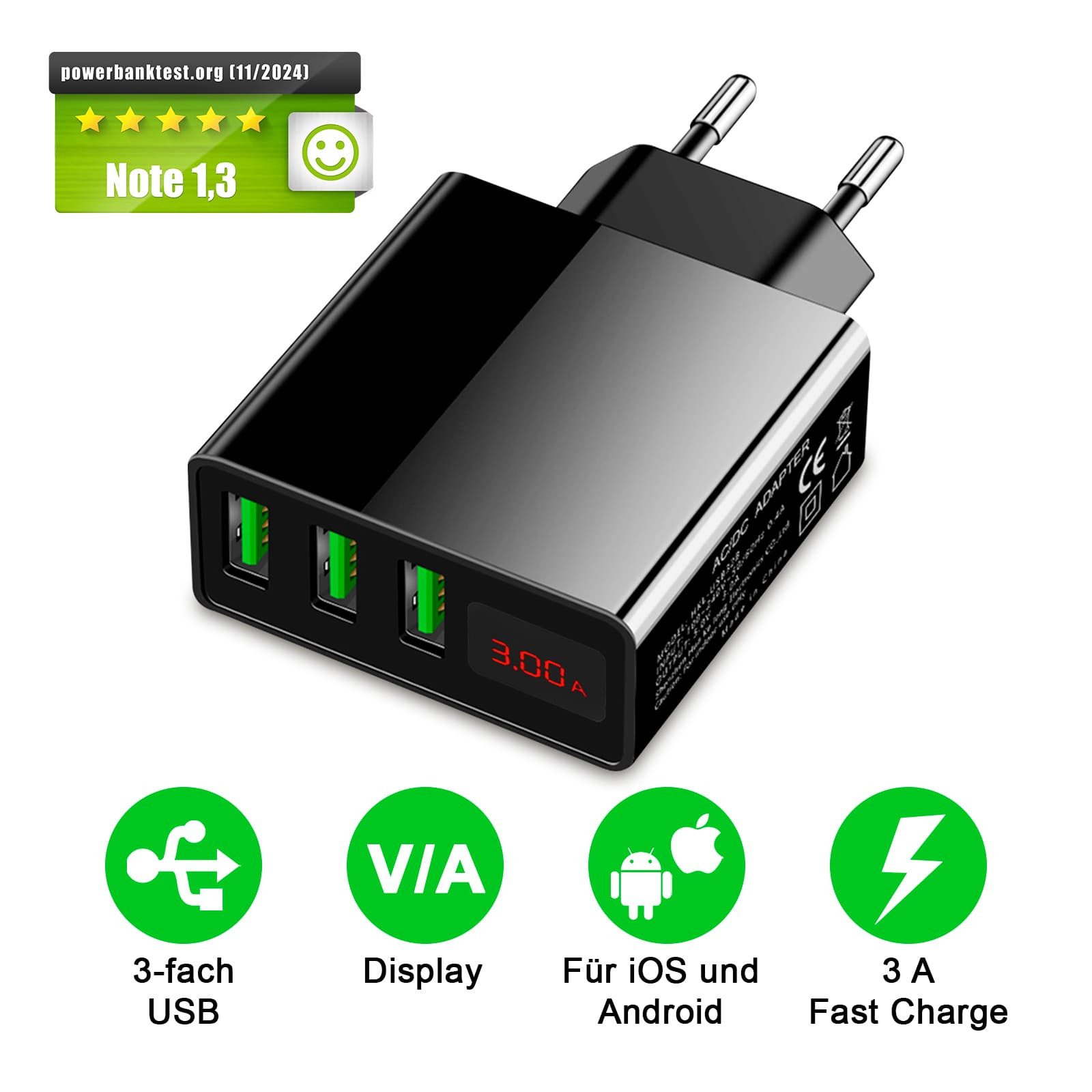 EAXUS 3A USB Netzteil mit Schnellladefunktion und Display USB-Ladegerät (3000,00 mA, 1-tlg., Zeigt Ladegeschwindigkeit an, 3 USB Ports für gleichzeitiges Laden)