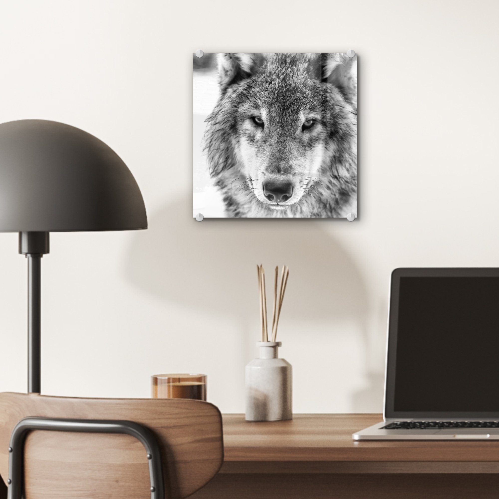MuchoWow Acrylglasbild Wolf im St), und Bilder Wanddekoration - Wandbild Schwarz - in - (1 auf Glas auf Foto Glasbilder Winter Glas Weiß