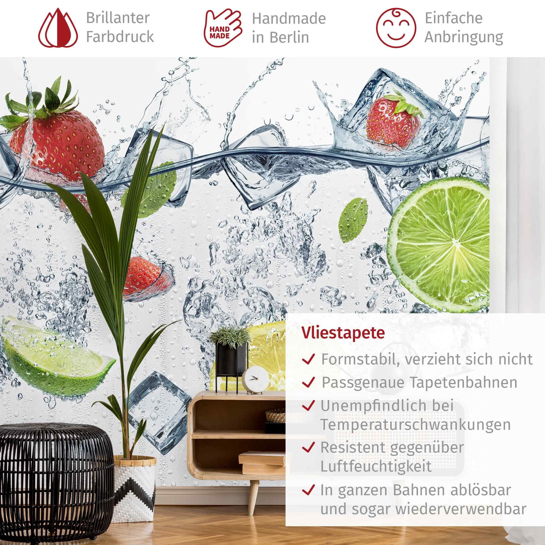 Bilderdepot24 Vliestapete Küche Limette Erdbeere Wasser Eiswürfel Modern Wanddeko Kunst, Glatt, Matt, (Vliestapete inkl. Kleister oder selbstklebend), Küche Ess – Bild 3 von 5