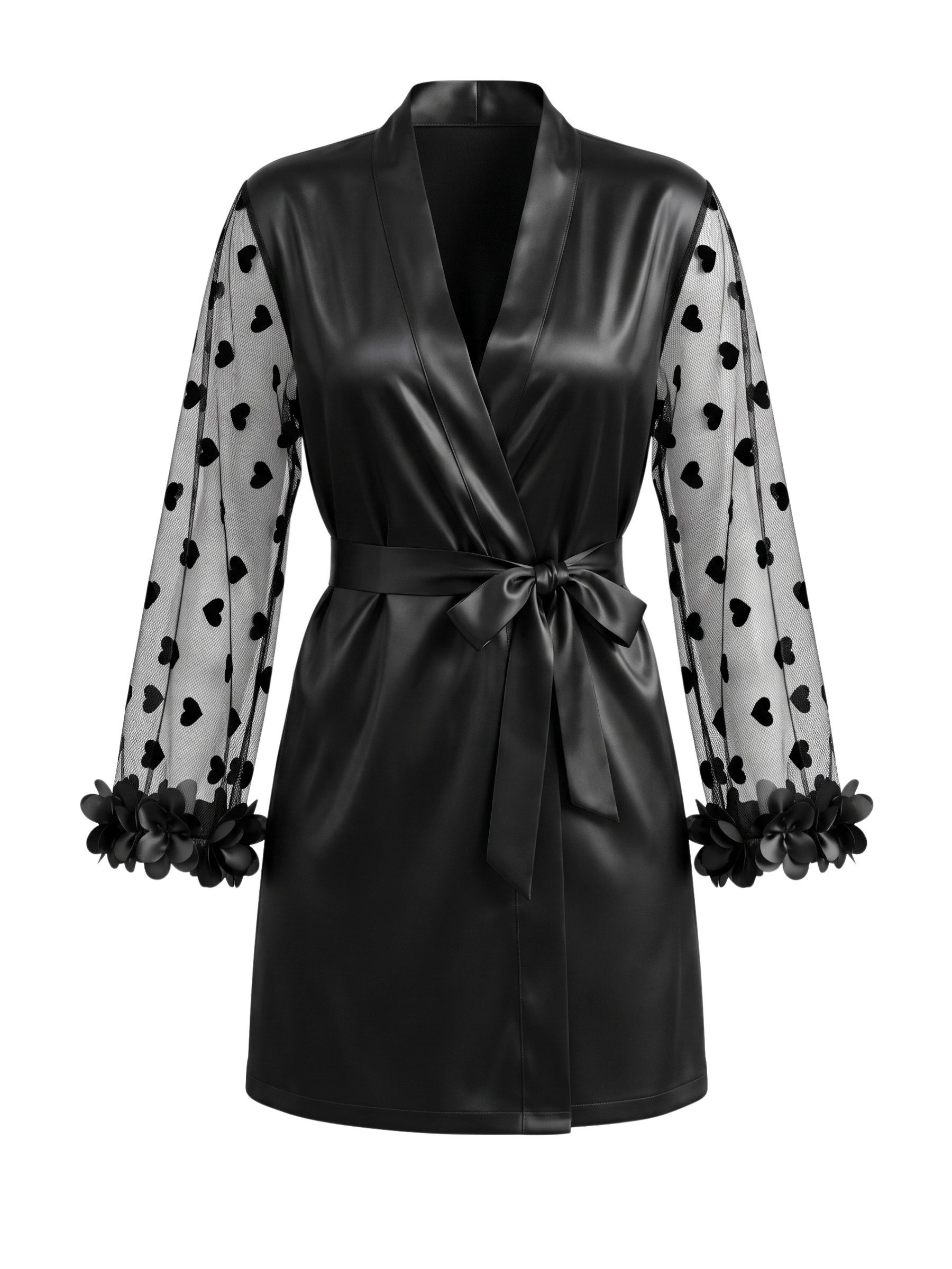 Elegant Love Kimono Kurzer Damen-Satin-Morgenmantel mit Mesh-Ärmeln und Herzmuster, Bindeband, Robe mit Bindegürtel zum Schließen, Nachtwäsche