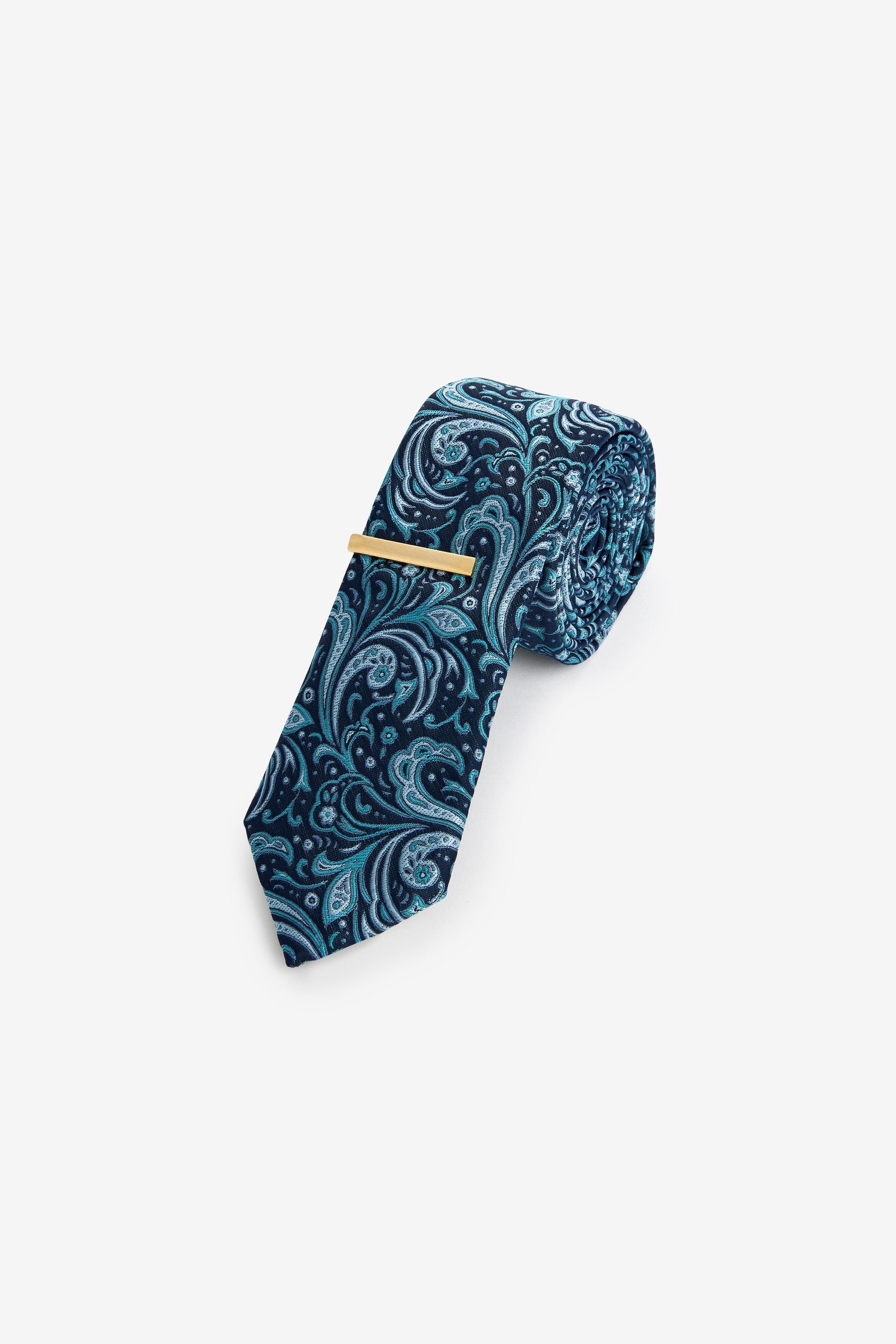 Next Krawatte Gemusterte Krawatte mit Krawattenklammer, Slim (2-St) Navy Blue Paisley