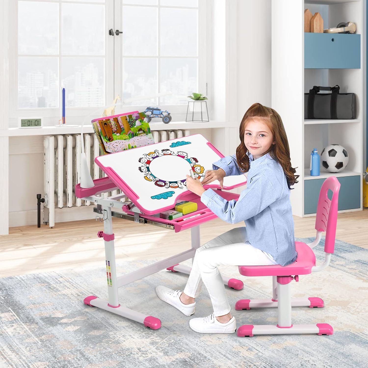 KOMFOTTEU Kinderschreibtisch mit verstellbarer Tischplatte & Lampe & Bücher günstig online kaufen