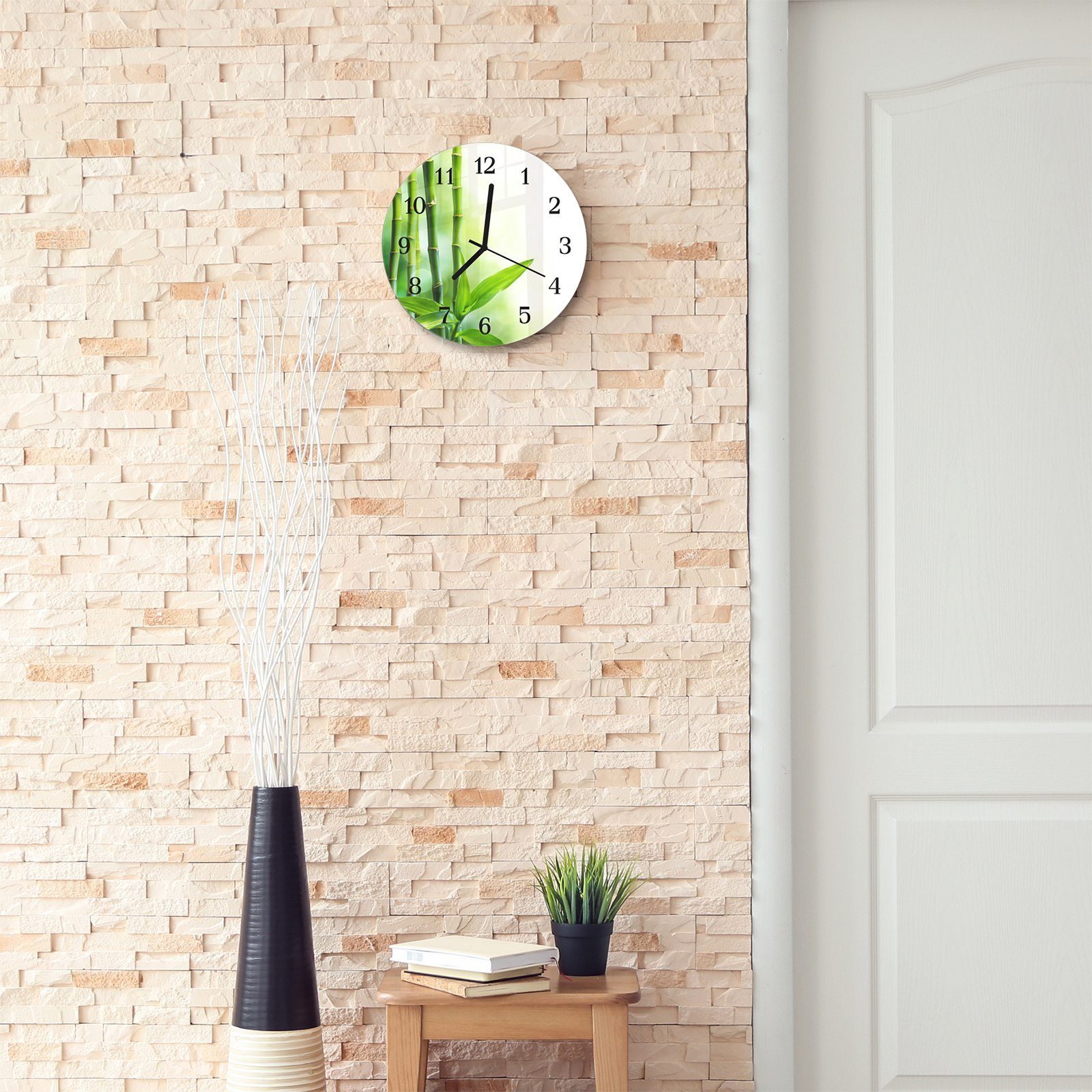 Motiv Bambushalme aus Primedeco und mit Durchmesser Glas Lichtstrahl im Quarzuhrwerk Wanduhr Wanduhr mit Rund 30 - cm