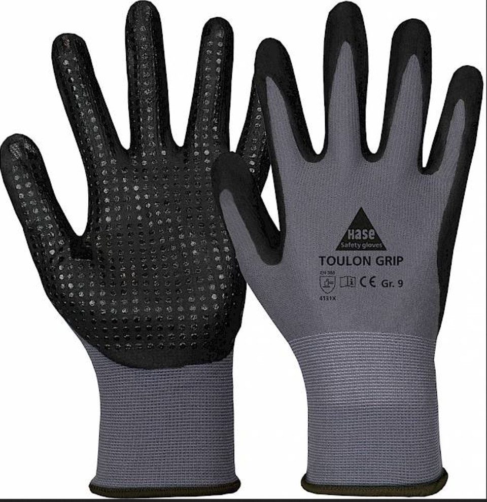 Hase Safety Gloves Strickhandschuhe Toulon Grip Montagehandschuh mit Nitrilnoppen (Packung, 10-St., VPE= 10 Paar, Gr 7-11) Atmungsaktiv / Nylon-Strick